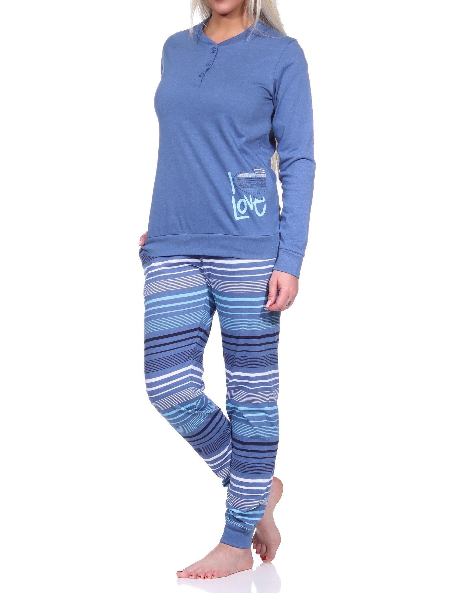Eleganter Damen Pyjama mit Bündchen und gestreifter Hose + Herzmotiv - auch in Übergrössen
