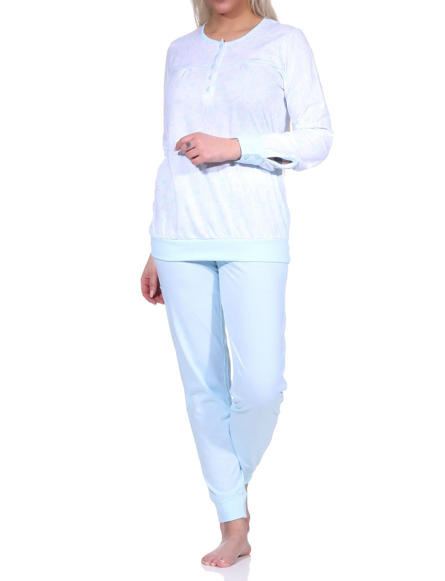 Eleganter Damen Pyjama Schlafanzug mit Bündchen im Paysley Design und Knopfleiste am Hals - 222 201 90 351 Eleganter Damen Pyjama Schlafanzug mit Bündchen im Paysley Design und Knopfleiste am Hals