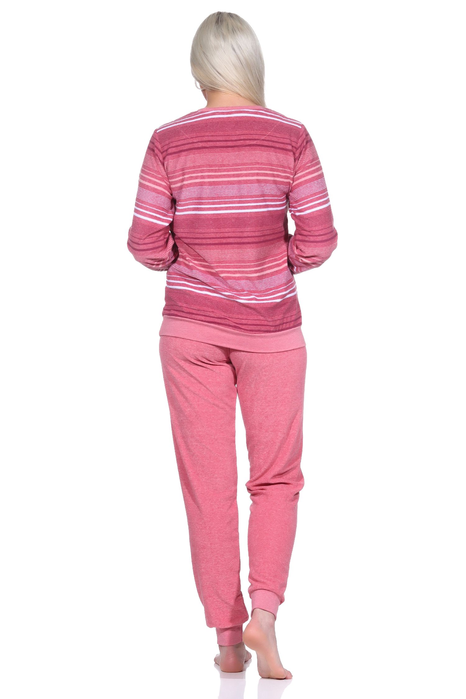Damen Frottee Schlafanzug mit Bündchen in elegantem Streifendesign - auch in Übergrößen