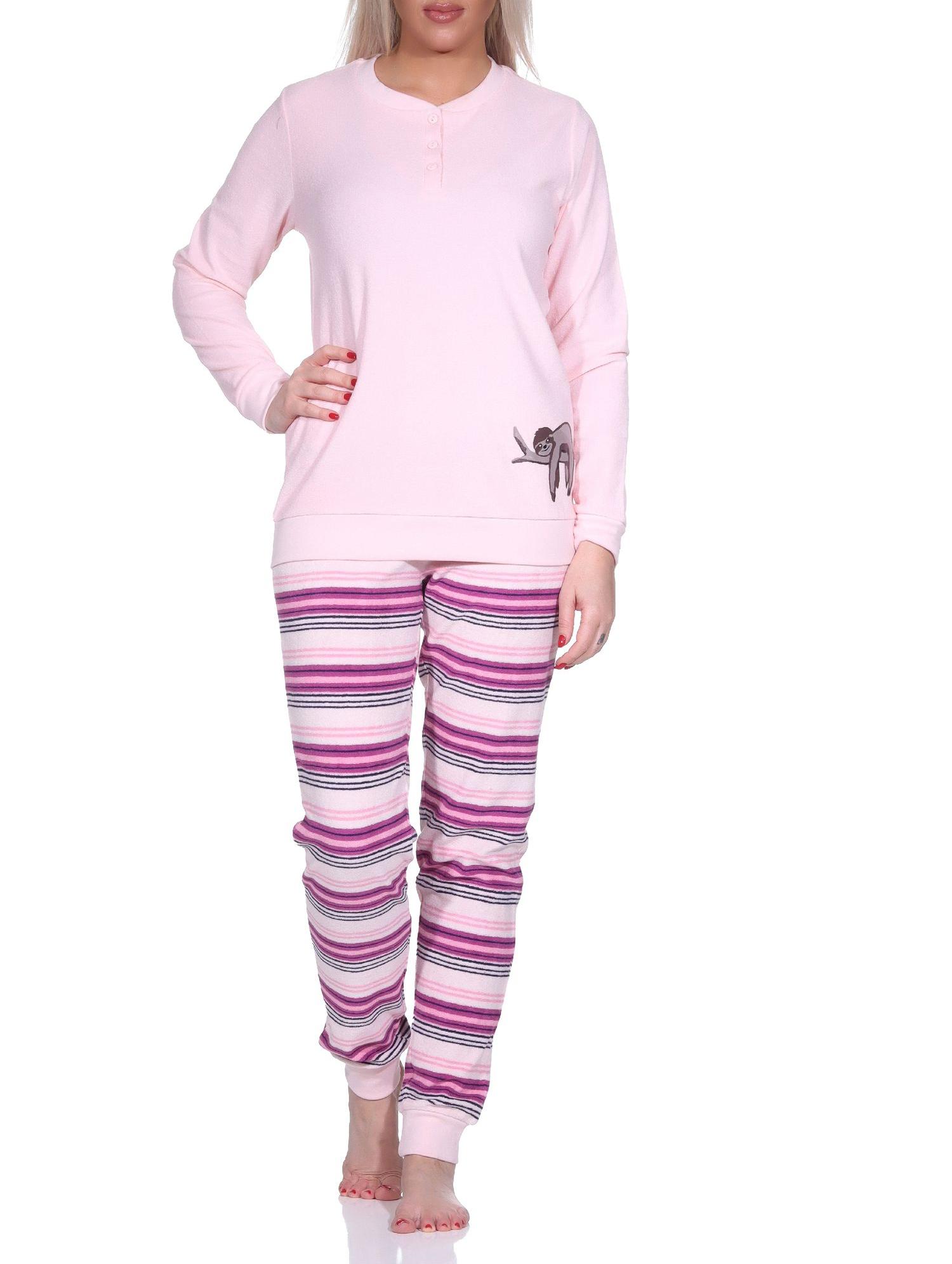 Damen Frottee Pyjama Hose gestreift - süsses Tiermotiv Faultier Katze - auch in Übergröße