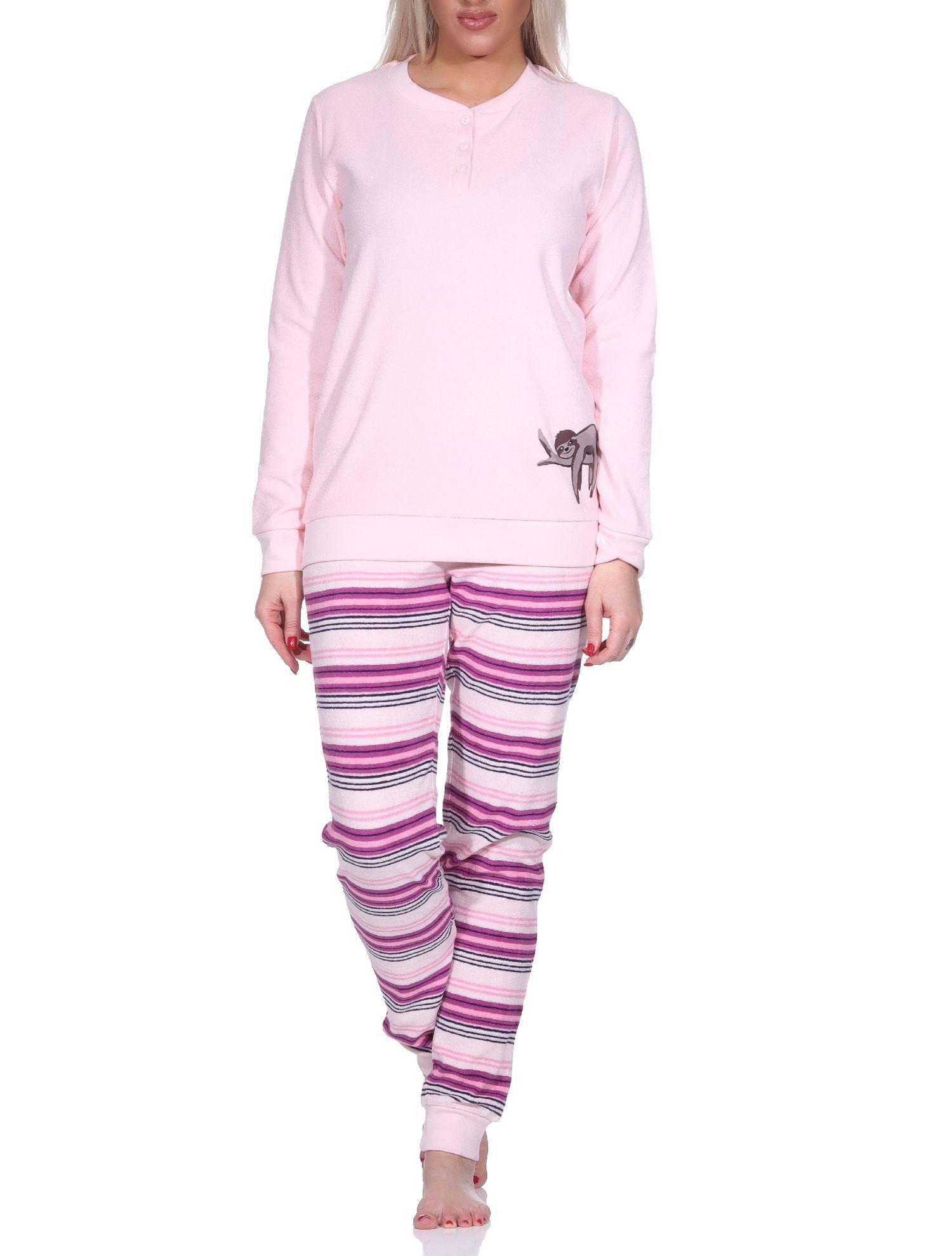 Damen Frottee Pyjama Hose gestreift - süsses Tiermotiv Faultier Katze - auch in Übergröße