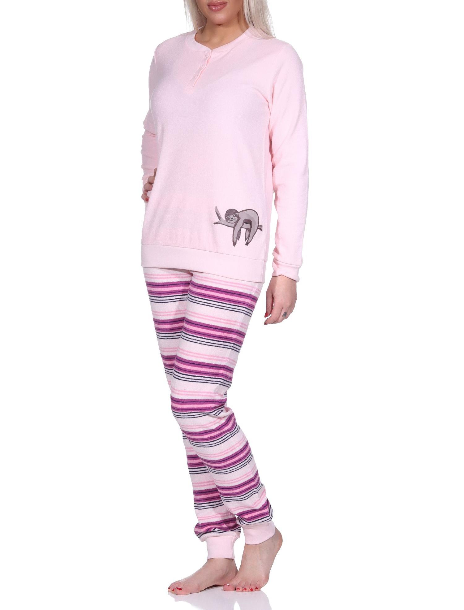 Damen Frottee Pyjama Hose gestreift - süsses Tiermotiv Faultier Katze - auch in Übergröße