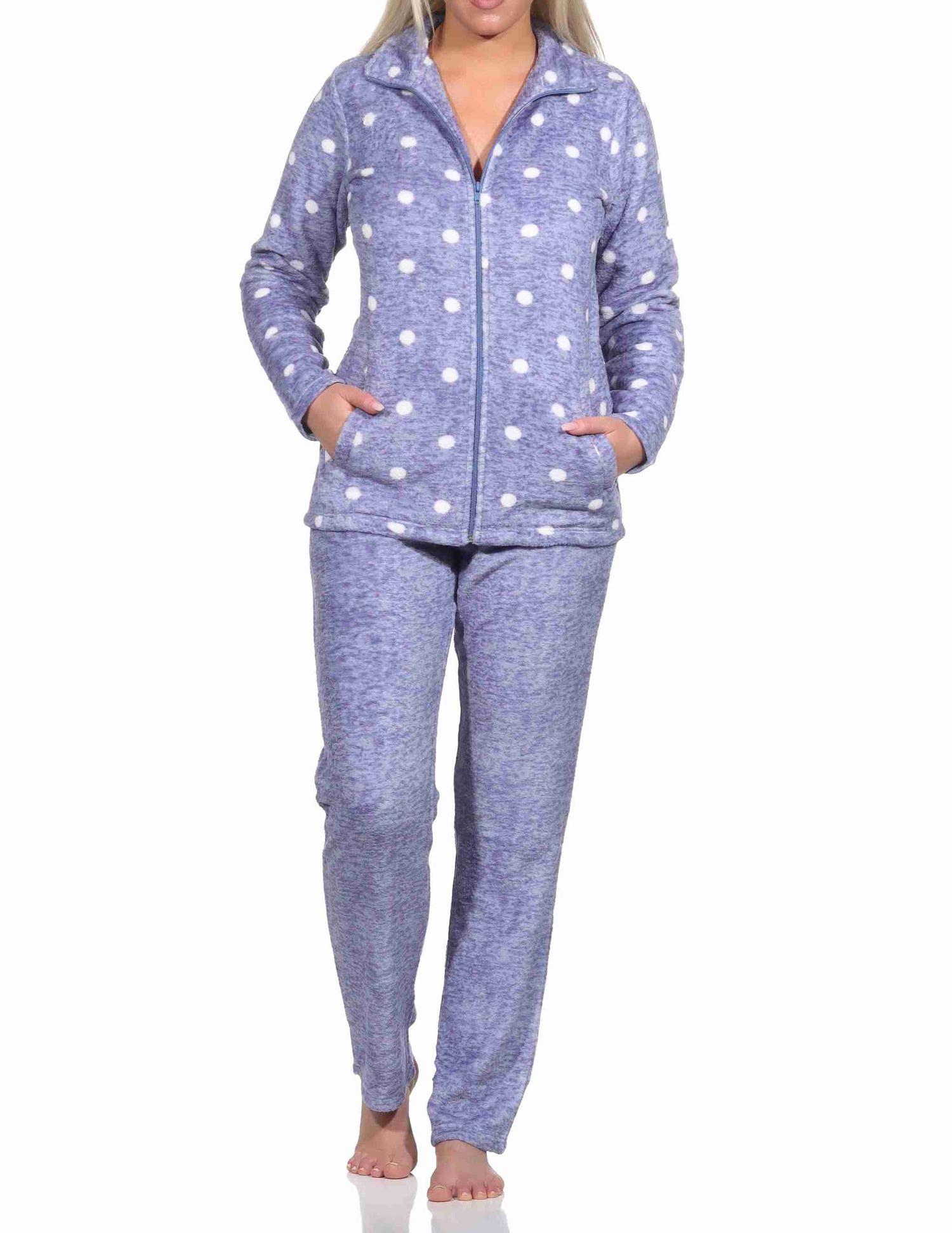 Kuschelig warmer Damen Hausanzug aus Coralfleece in toller Tupfen Punkte Optik
