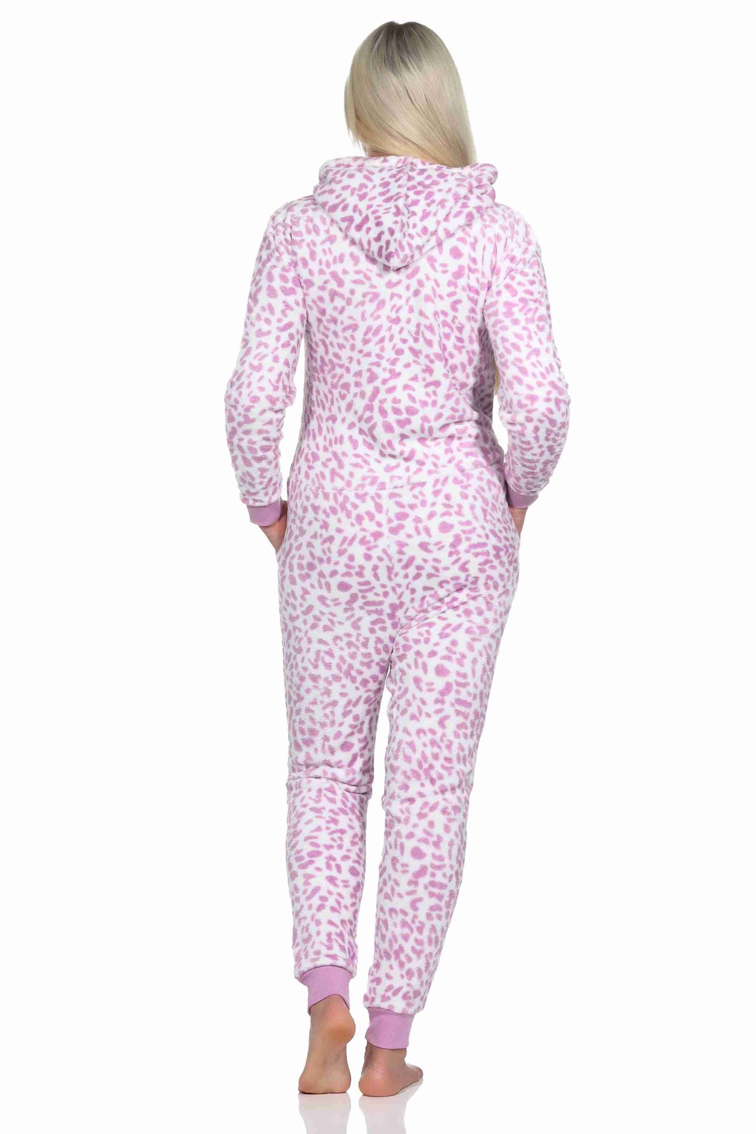 Damen Schlafanzug Einteiler Jumpsuit Overall aus Coralfleece im Animal Look