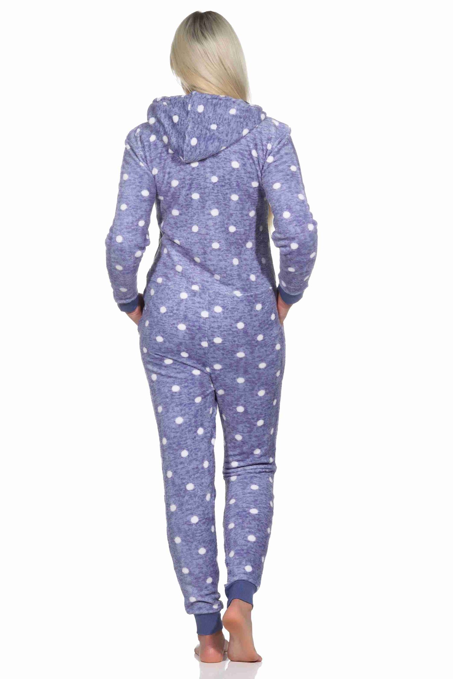 Kuschelig warmer Damen Jumpsuit Schlafanzug Overall aus Coralfleece in Tupfen Punkte Optik