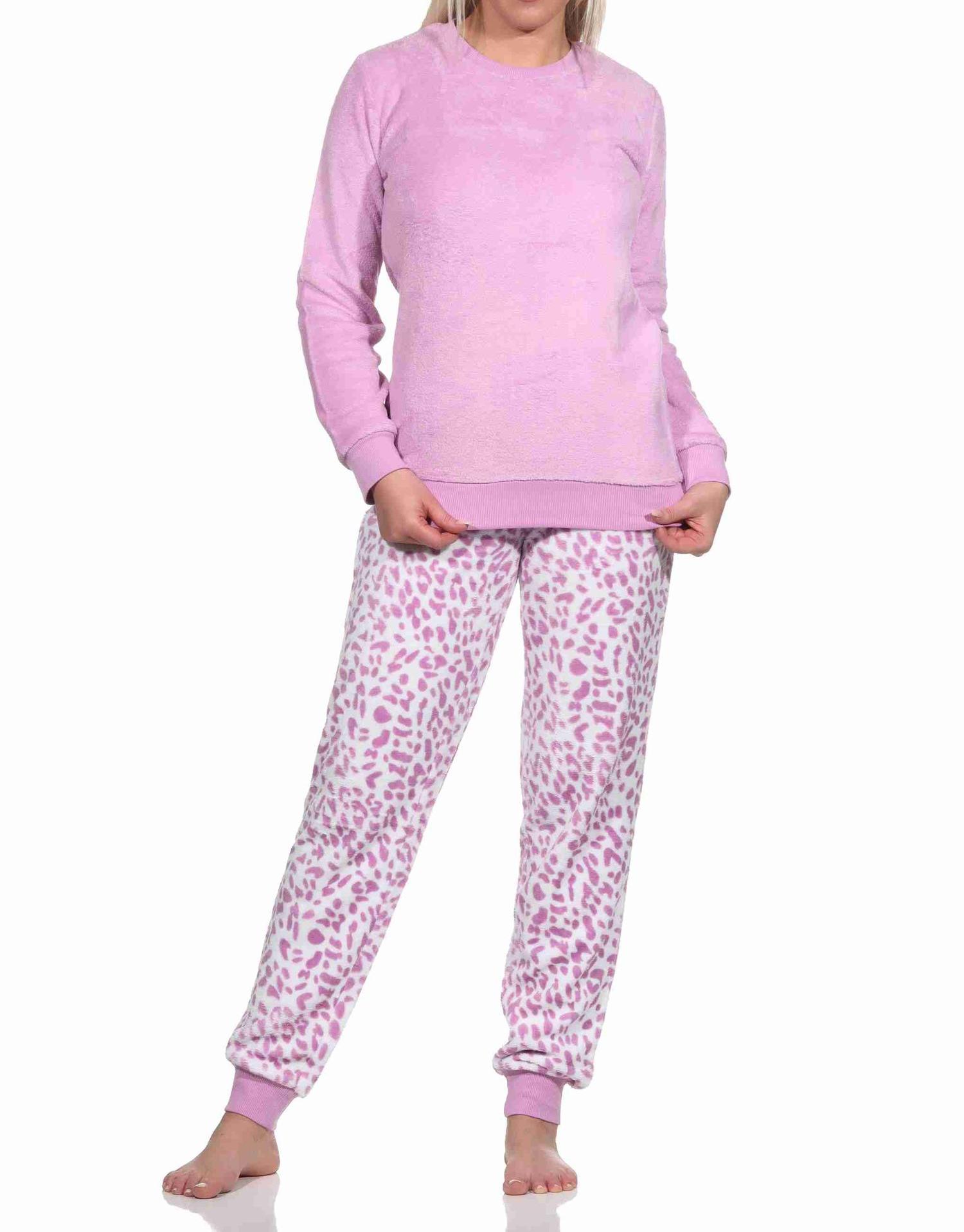 Damen langarm Schlafanzug Pyjama mit Bündchen aus Coralfleece im Animal Look Damen langarm Schlafanzug Pyjama mit Bündchen aus Coralfleece im Animal Look