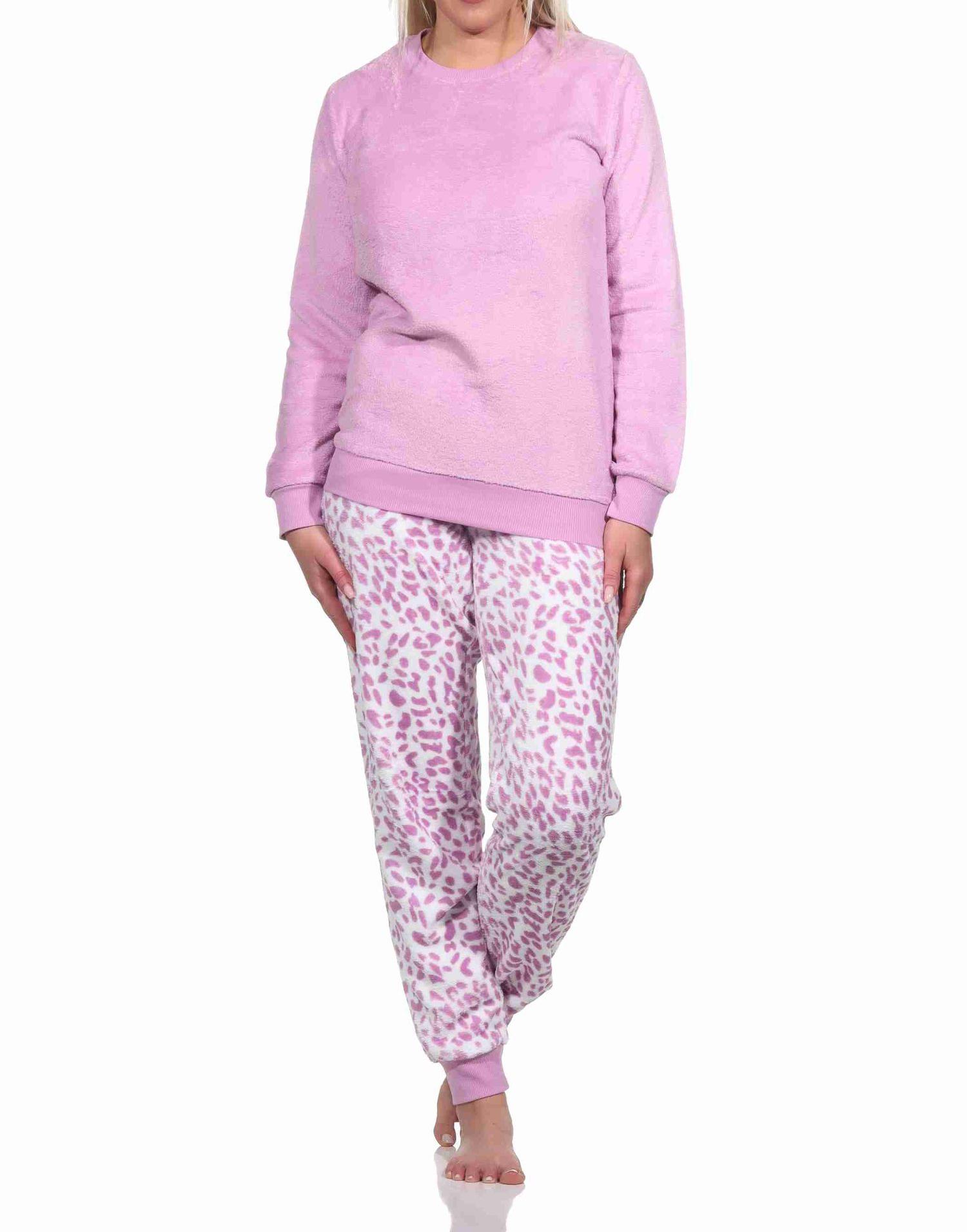Damen langarm Schlafanzug Pyjama mit Bündchen aus Coralfleece im Animal Look Damen langarm Schlafanzug Pyjama mit Bündchen aus Coralfleece im Animal Look