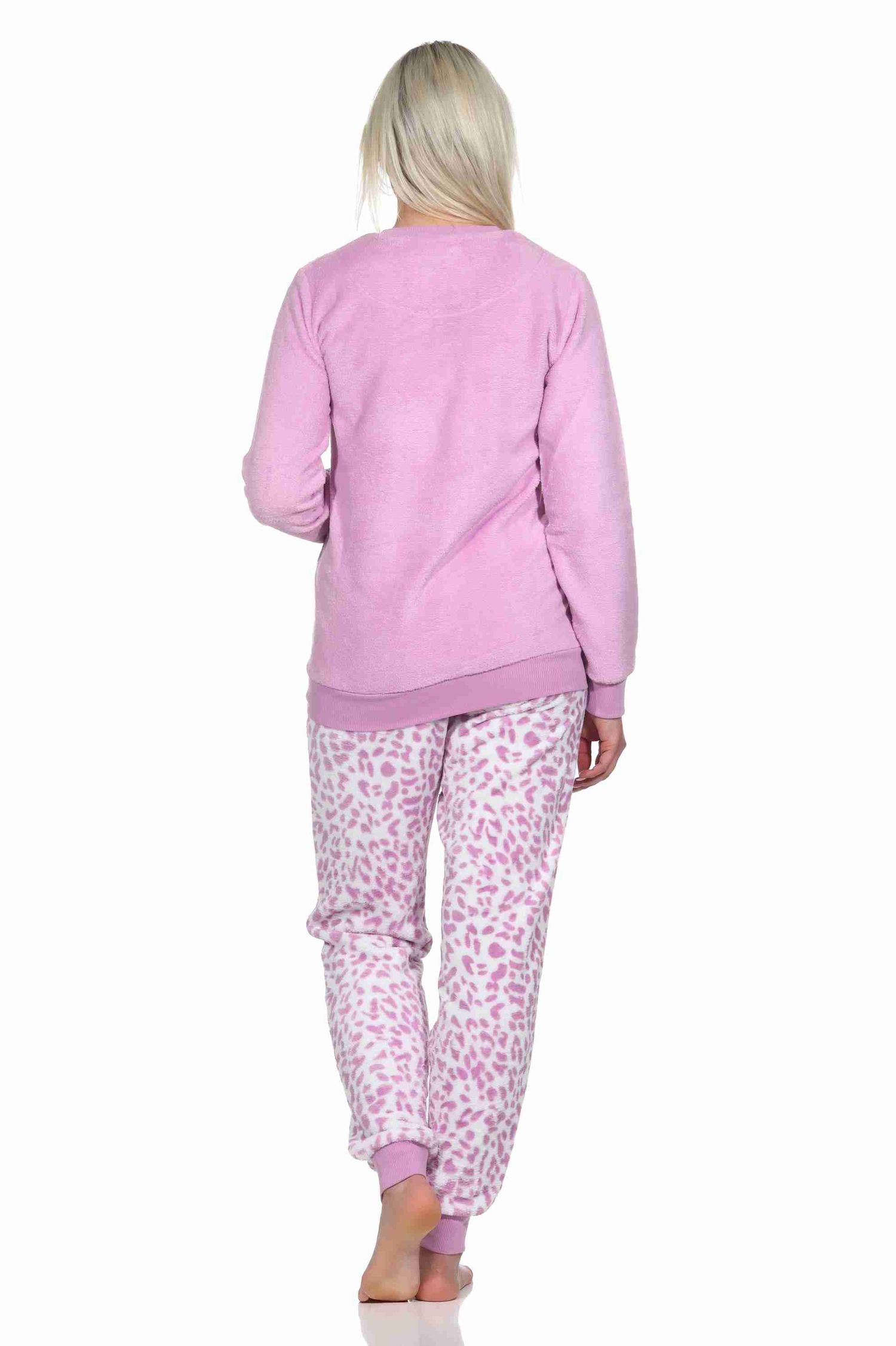 Damen langarm Schlafanzug Pyjama mit Bündchen aus Coralfleece im Animal Look Damen langarm Schlafanzug Pyjama mit Bündchen aus Coralfleece im Animal Look