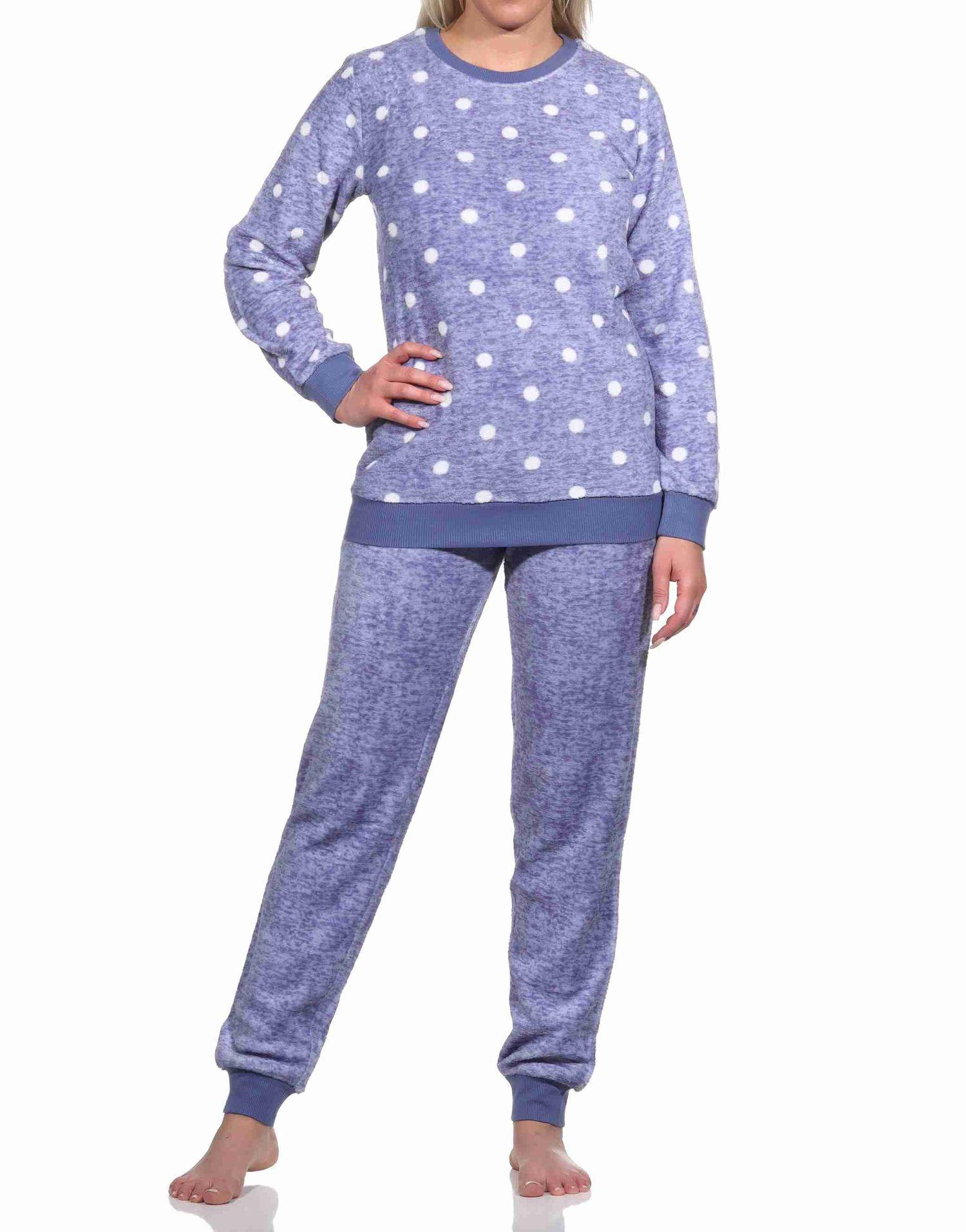 Kuschelig warmer Damen langarm Schlafanzug mit Bündchen aus Coralfleece in Tupfen Optik