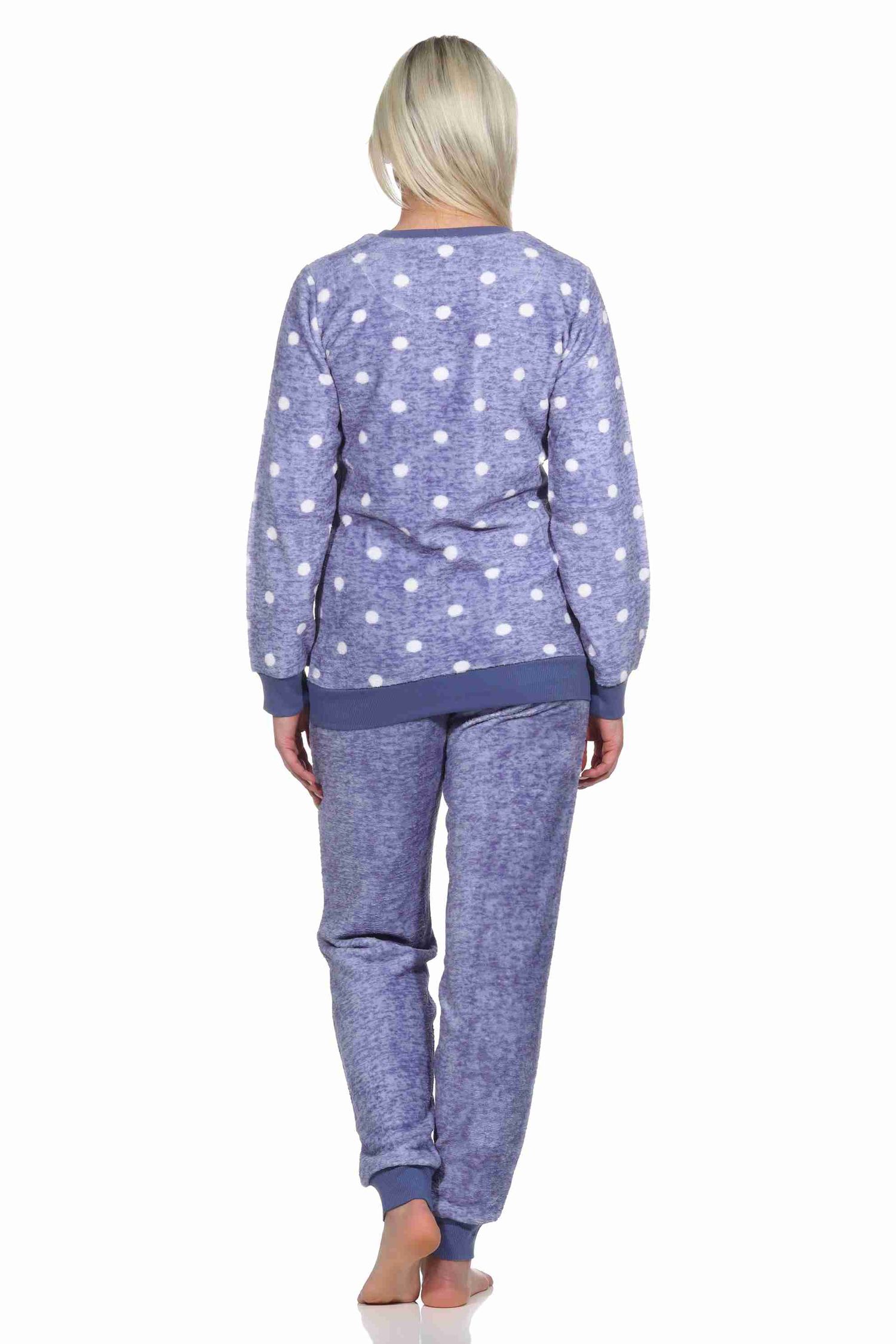 Kuschelig warmer Damen langarm Schlafanzug mit Bündchen aus Coralfleece in Tupfen Optik