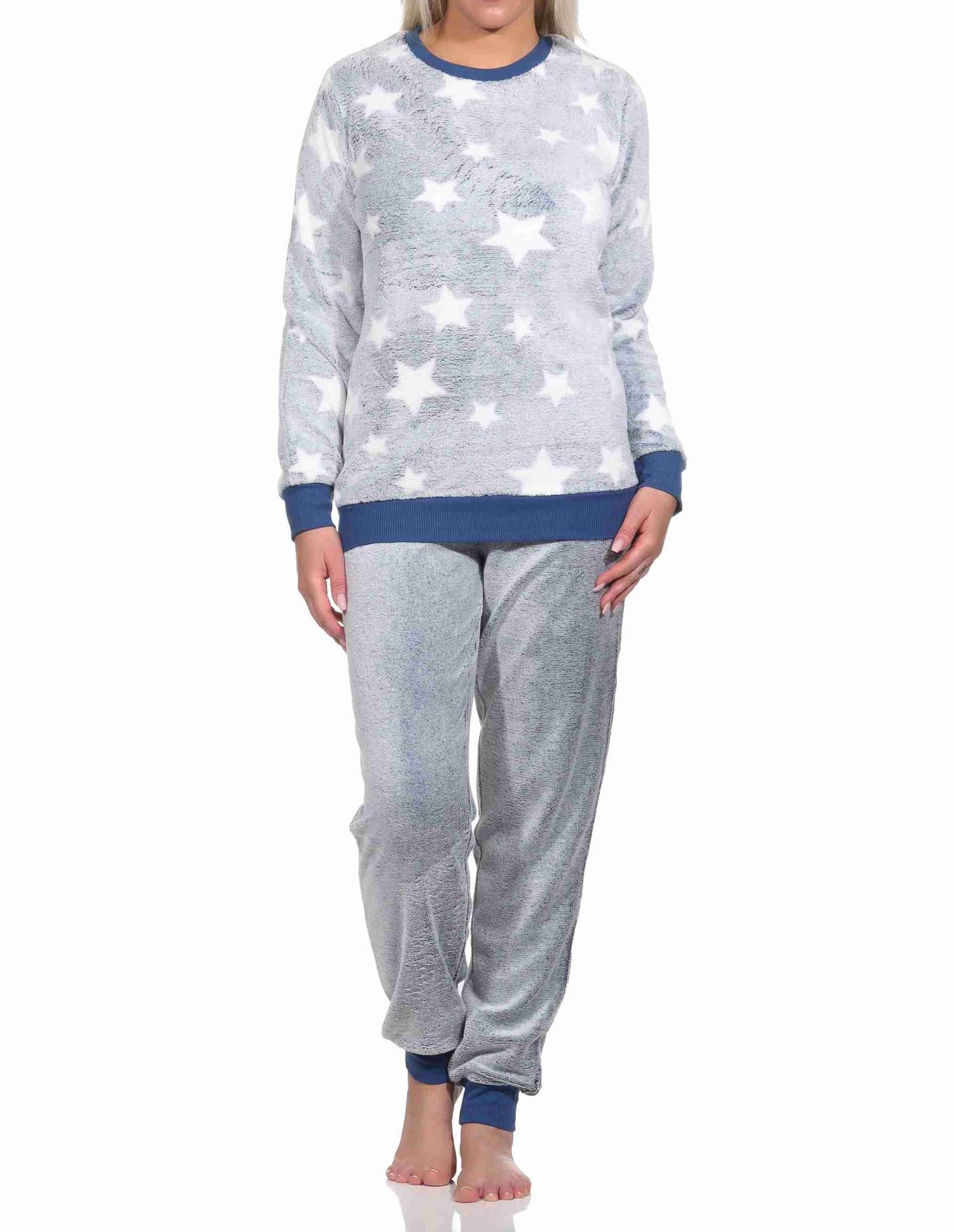 Damen langarm Schlafanzug mit Bündchen in Sterneoptik aus kuschelig warmen Coralfleece Damen langarm Schlafanzug mit Bündchen in Sterneoptik aus kuschelig warmen Coralfleece