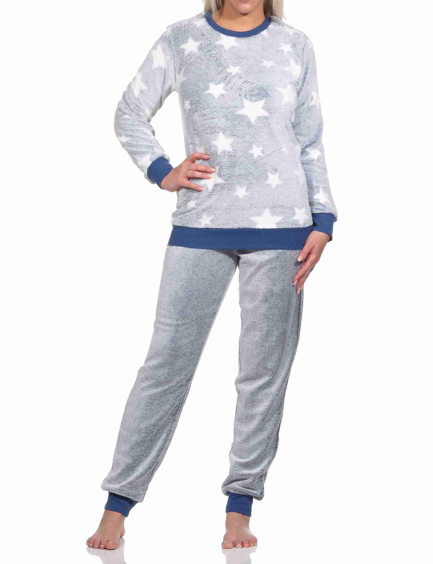 Damen langarm Schlafanzug mit Bündchen in Sterneoptik aus kuschelig warmen Coralfleece Damen langarm Schlafanzug mit Bündchen in Sterneoptik aus kuschelig warmen Coralfleece