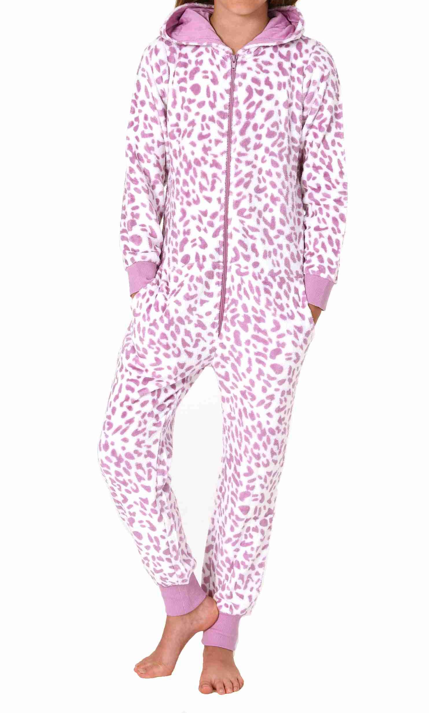 Mädchen Schlafanzug Einteiler Jumpsuit Overall aus Coralfleece im Animal Look