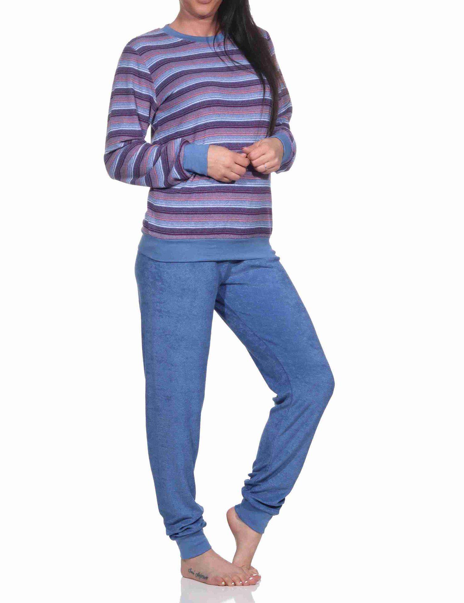 Damen Frottee Schlafanzug mit Bündchen in eleganten Streifendesign - auch in Übergrössen Damen Frottee Schlafanzug mit Bündchen in eleganten Streifendesign - auch in Übergrössen