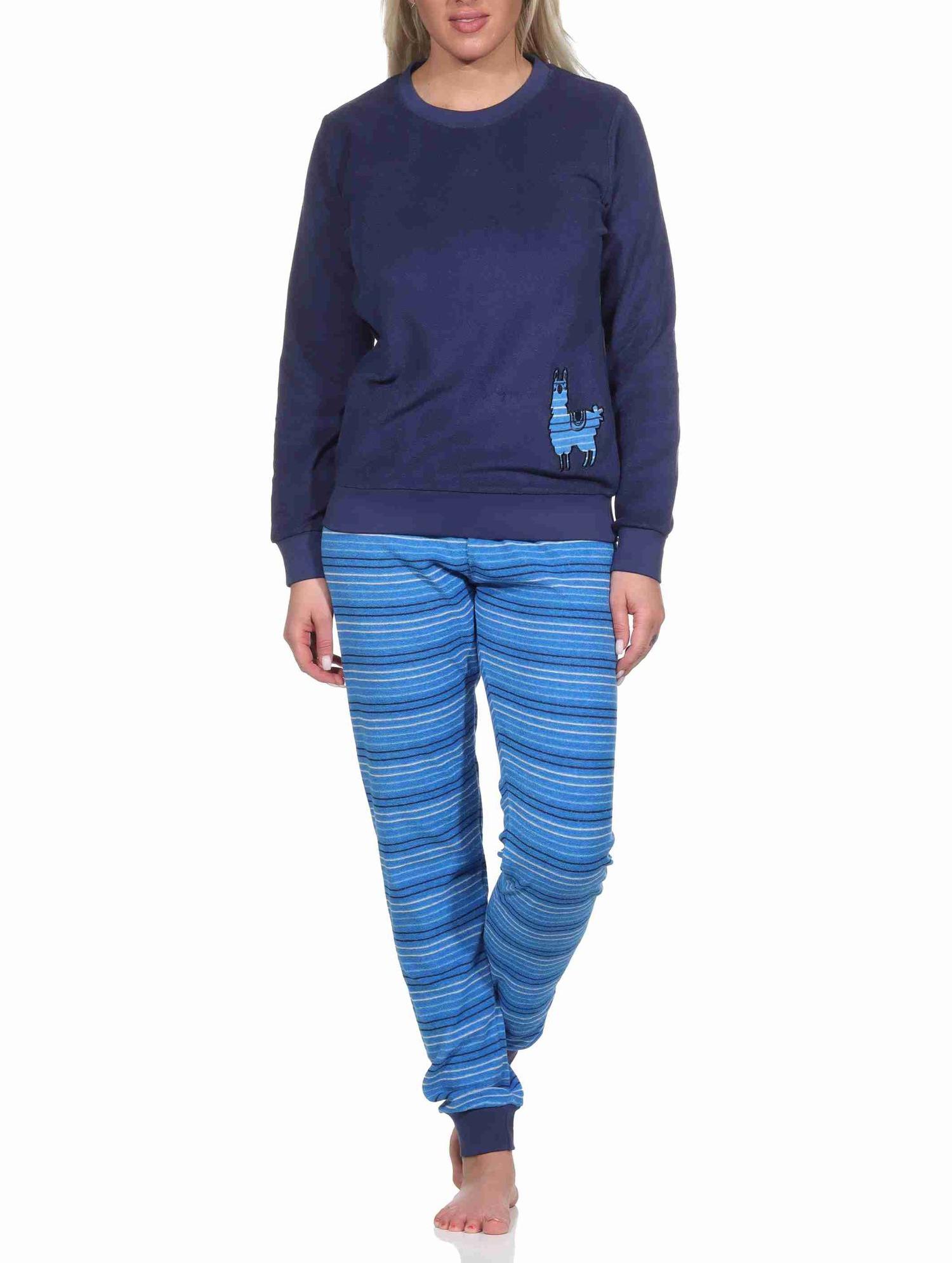 Damen Frottee Pyjama, Hose gestreift, Oberteil mit süssen Tiermotiv - auch in Übergrössen Damen Frottee Pyjama, Hose gestreift, Oberteil mit süssen Tiermotiv - auch in Übergrössen
