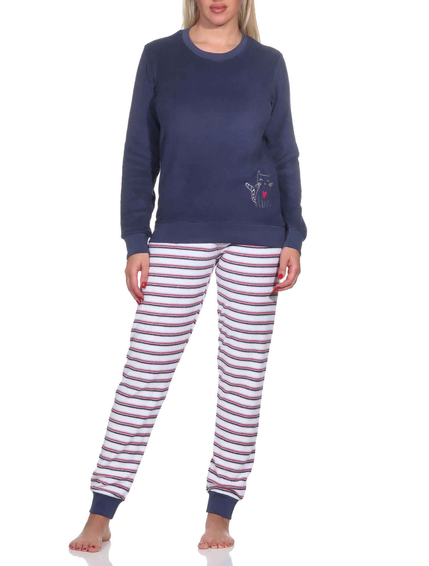 Damen Frottee Pyjama, Hose gestreift, Oberteil mit süssen Tiermotiv - auch in Übergrössen Damen Frottee Pyjama, Hose gestreift, Oberteil mit süssen Tiermotiv - auch in Übergrössen