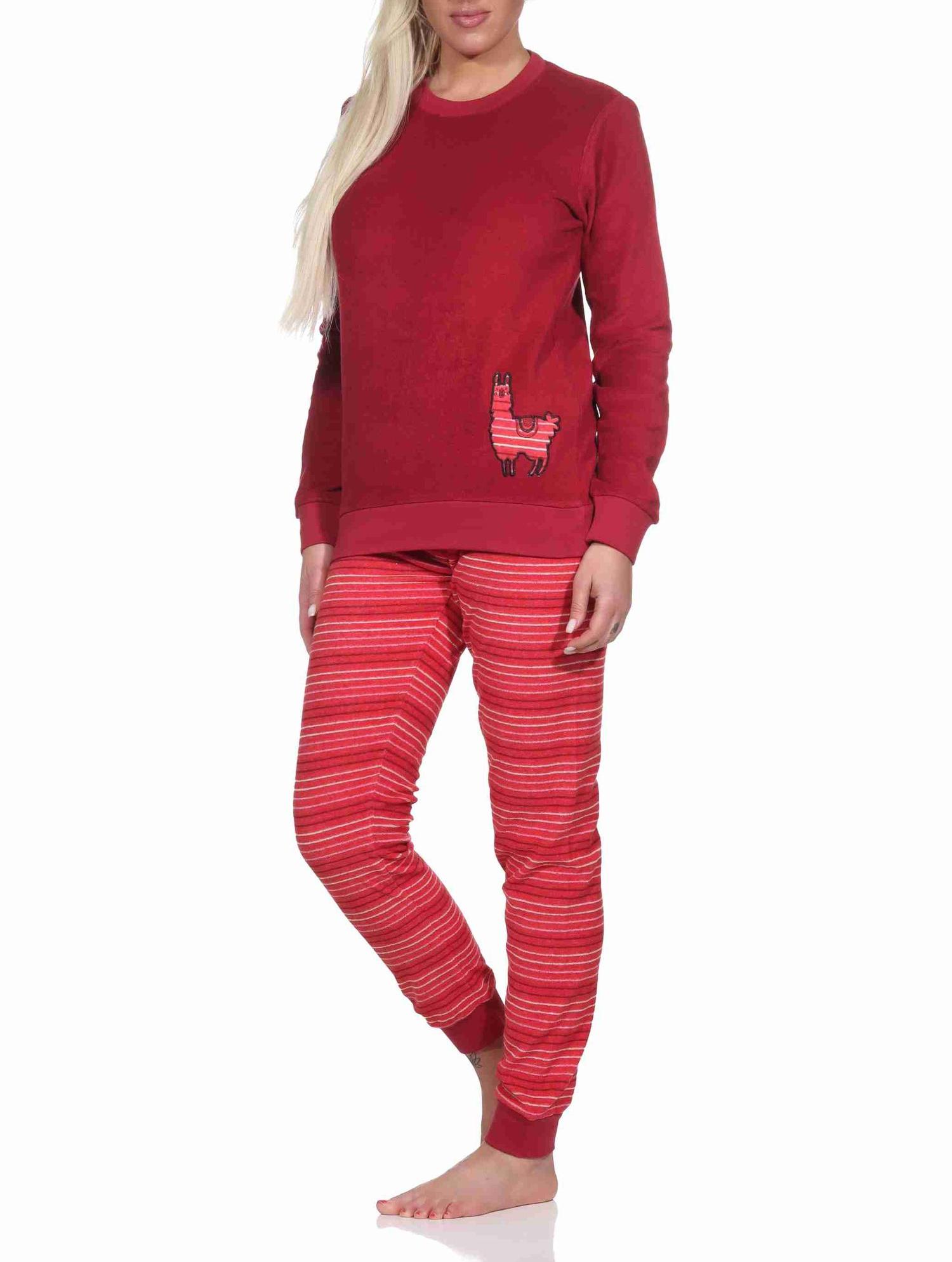 Damen Frottee Pyjama, Hose gestreift, Oberteil mit süssen Tiermotiv - auch in Übergrössen