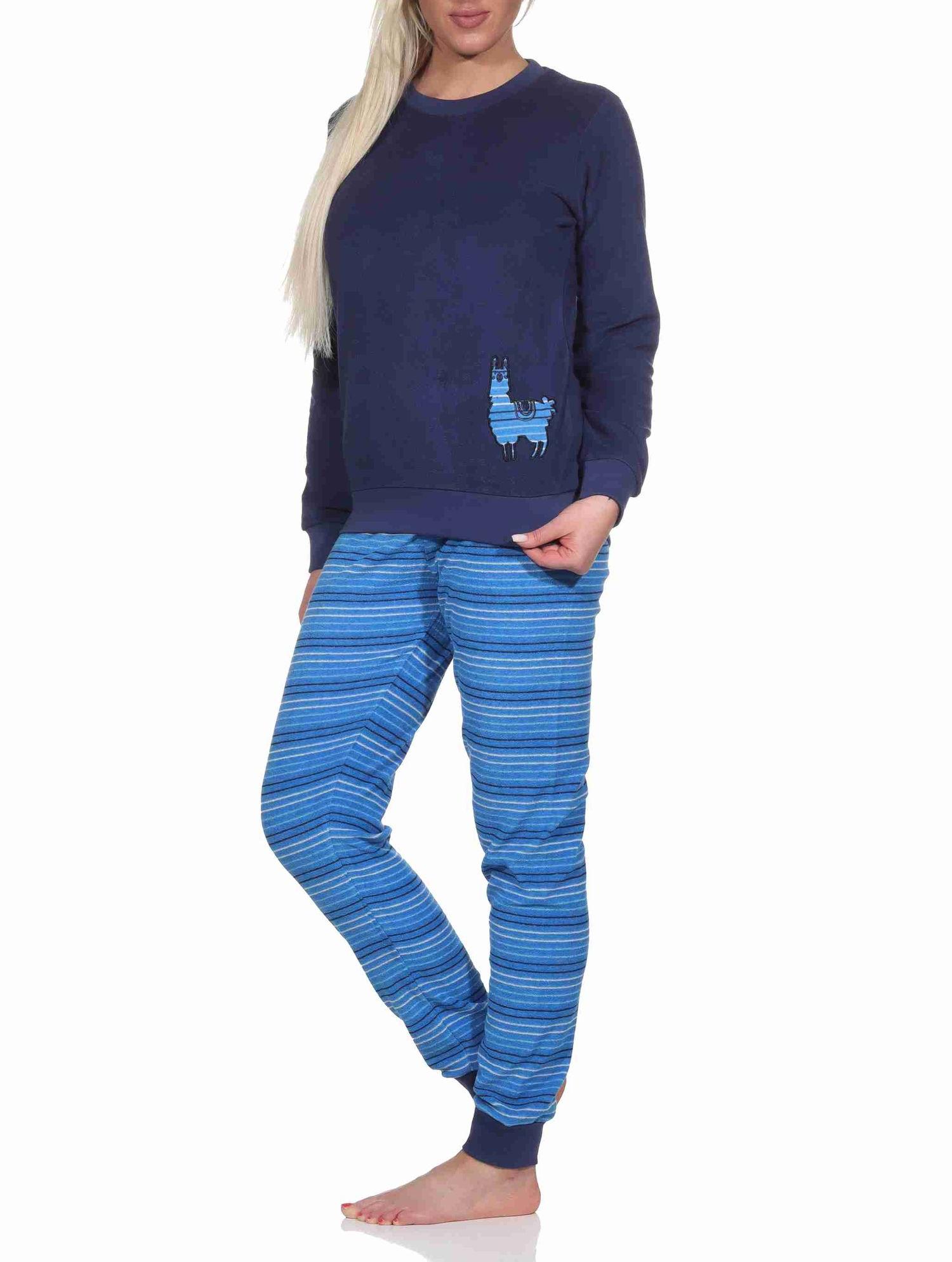 Damen Frottee Pyjama, Hose gestreift, Oberteil mit süssen Tiermotiv - auch in Übergrössen