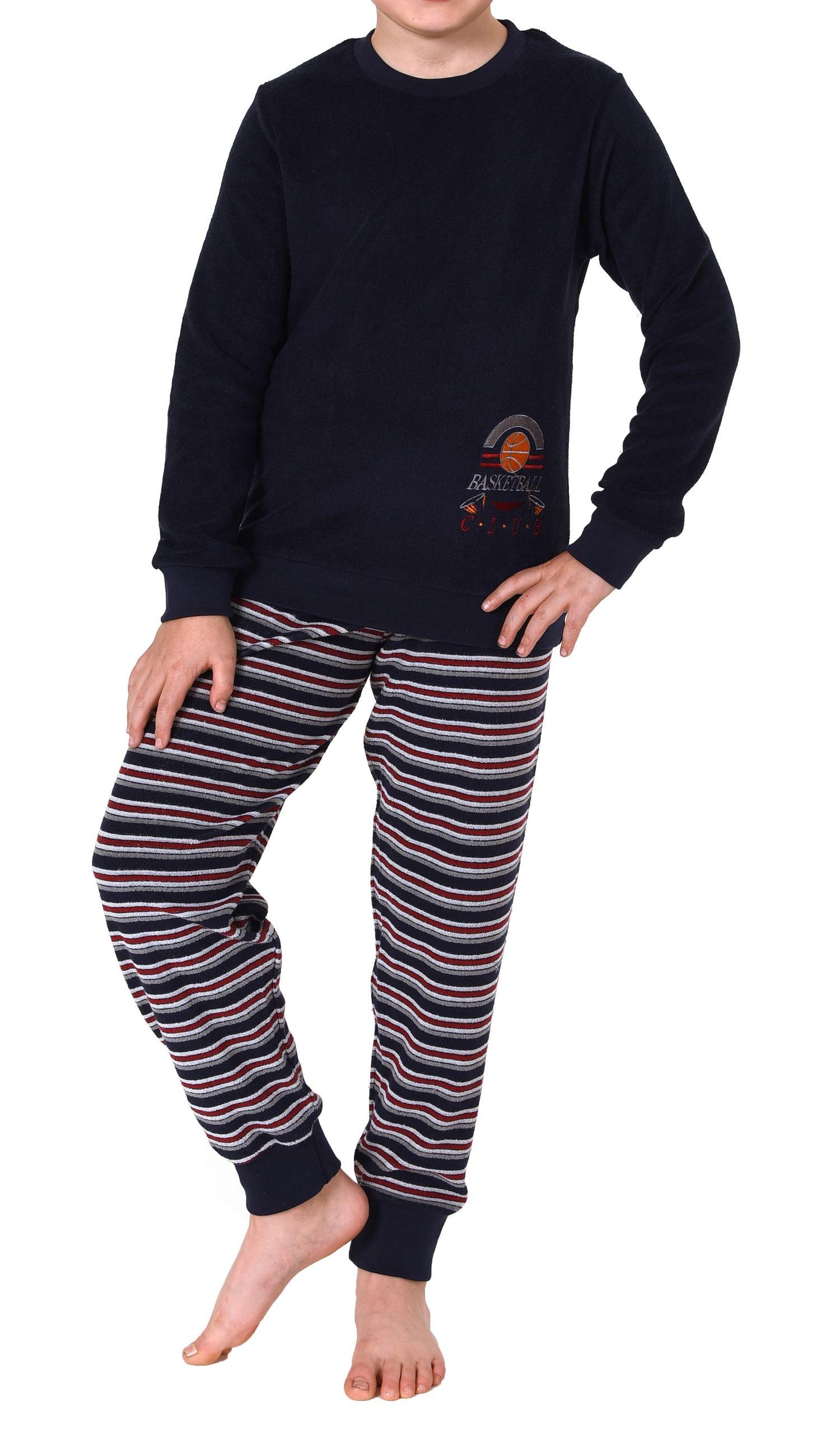 Jungen Frottee langarm Schlafanzug Pyjama mit Bündchen und Basketball-Motiv