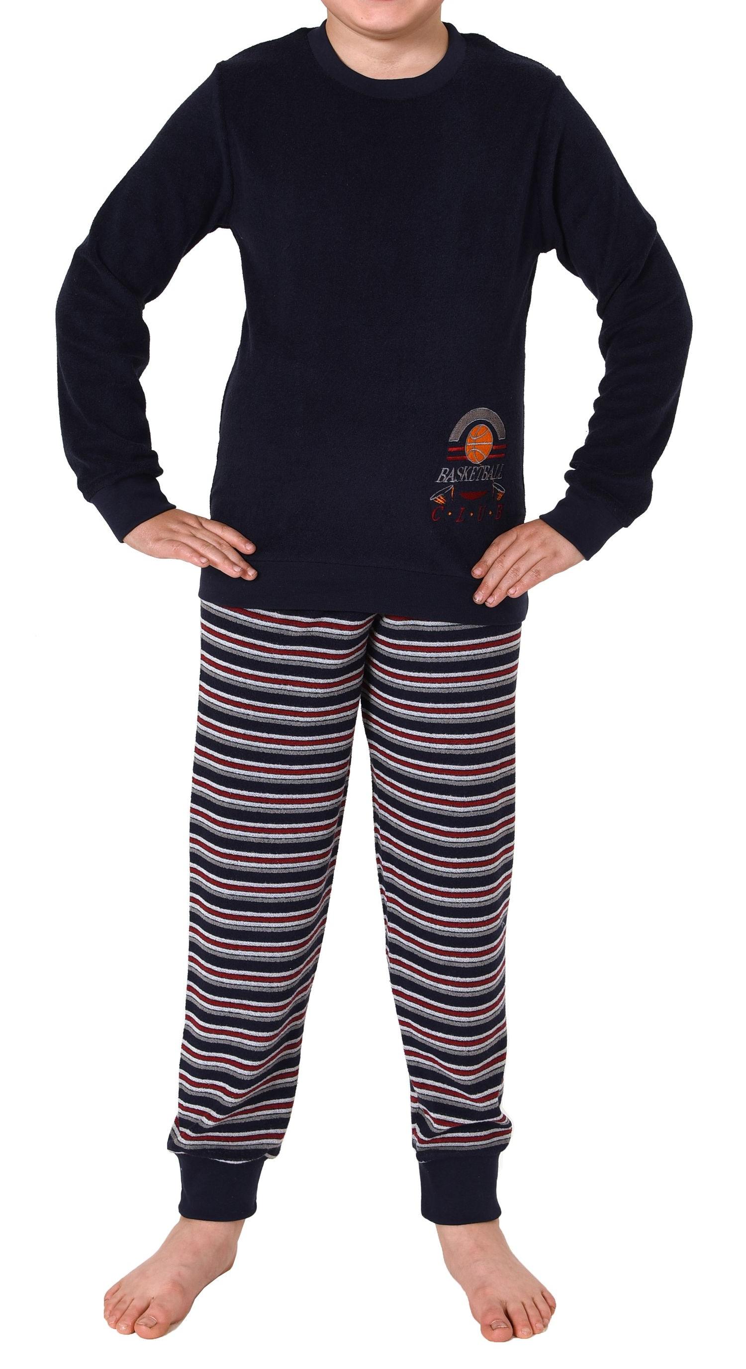 Jungen Frottee langarm Schlafanzug Pyjama mit Bündchen und Basketball-Motiv