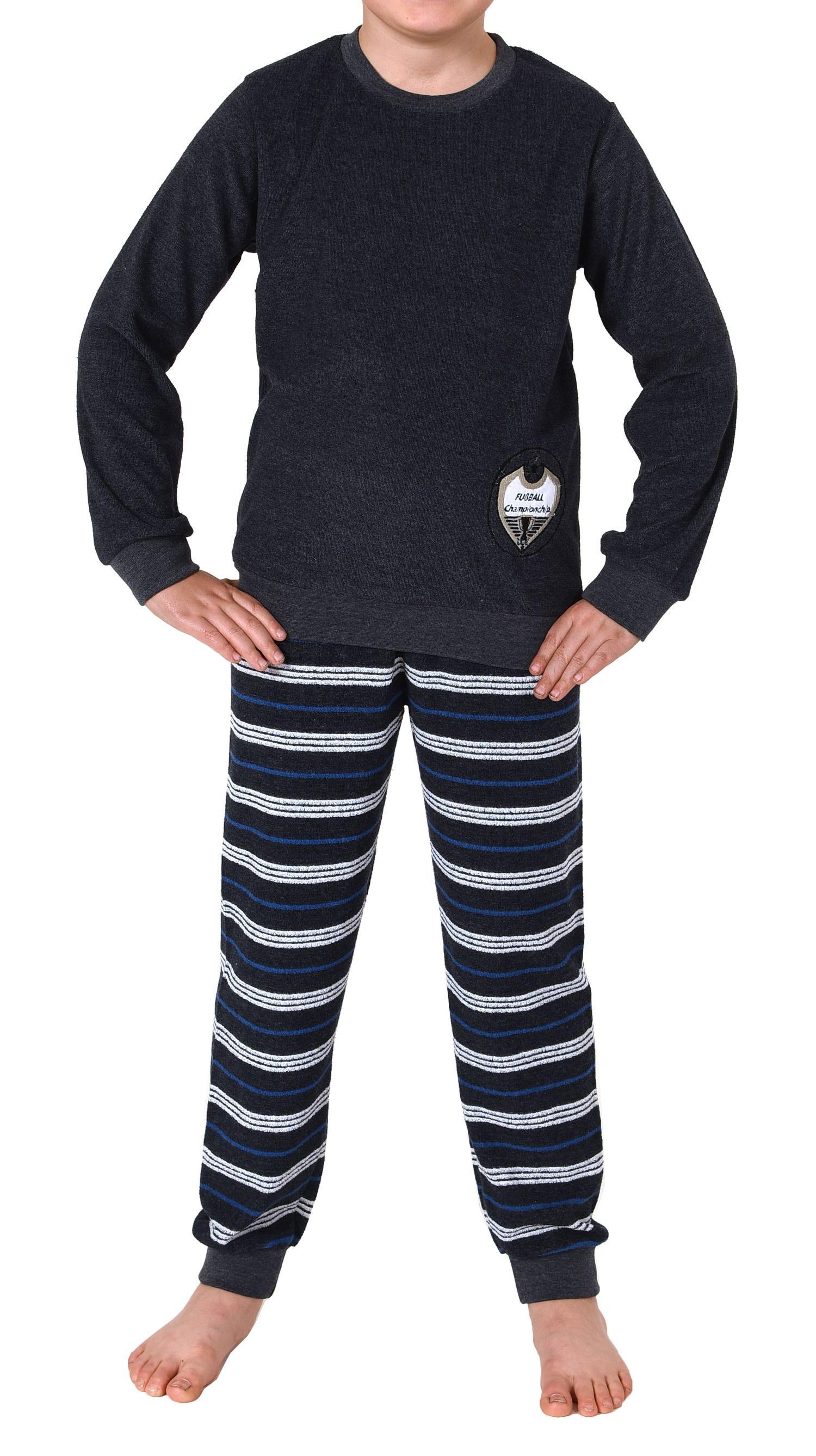 Cooler Jungen Frottee langarm Schlafanzug Pyjama mit Bündchen und Fussball-Motiv