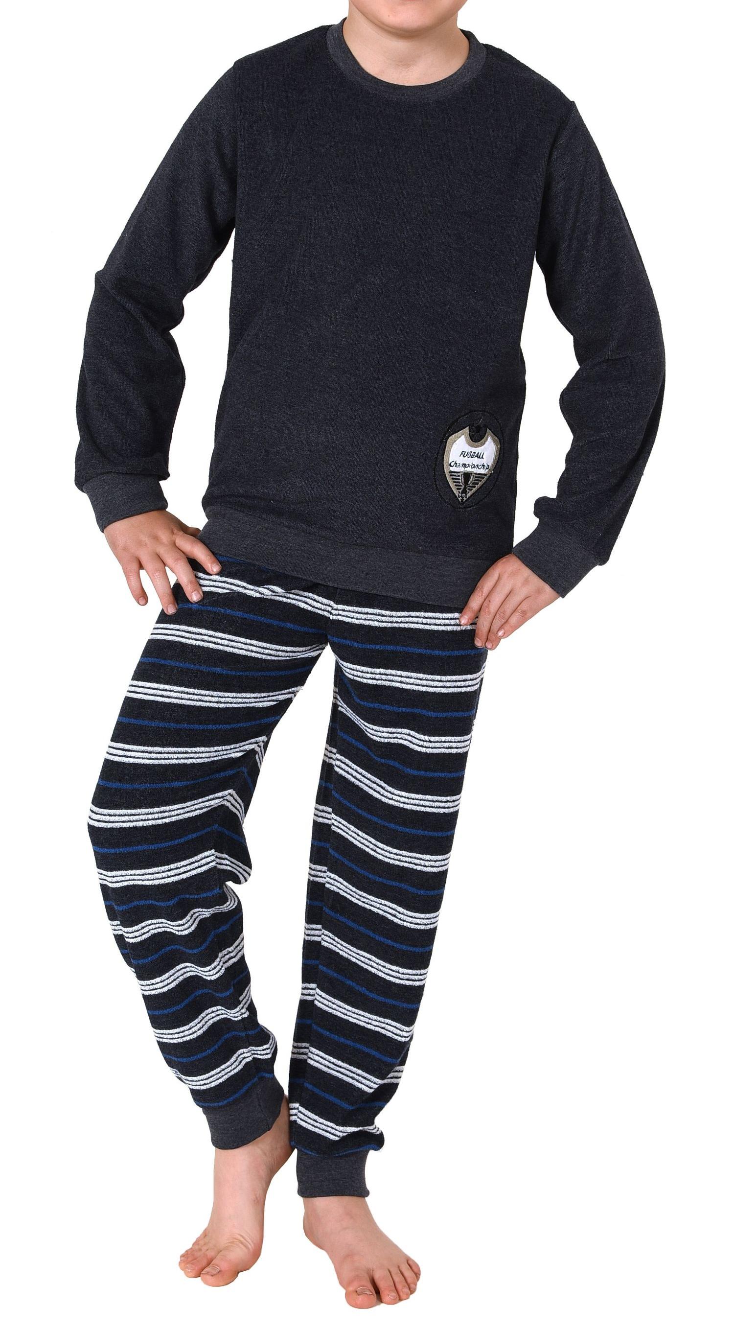 Cooler Jungen Frottee langarm Schlafanzug Pyjama mit Bündchen und Fussball-Motiv