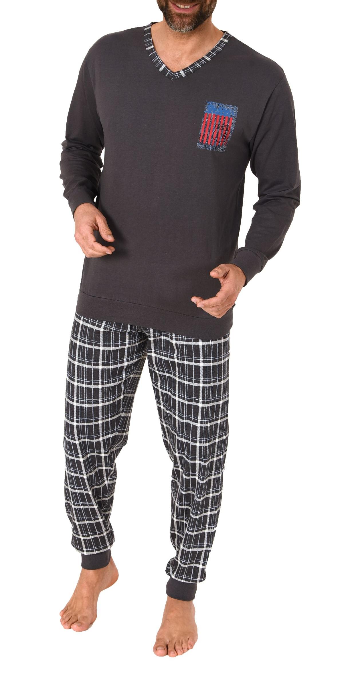 Herren langarm Schlafanzug Pyjama mit Bündchen und karierter Jersey Hose