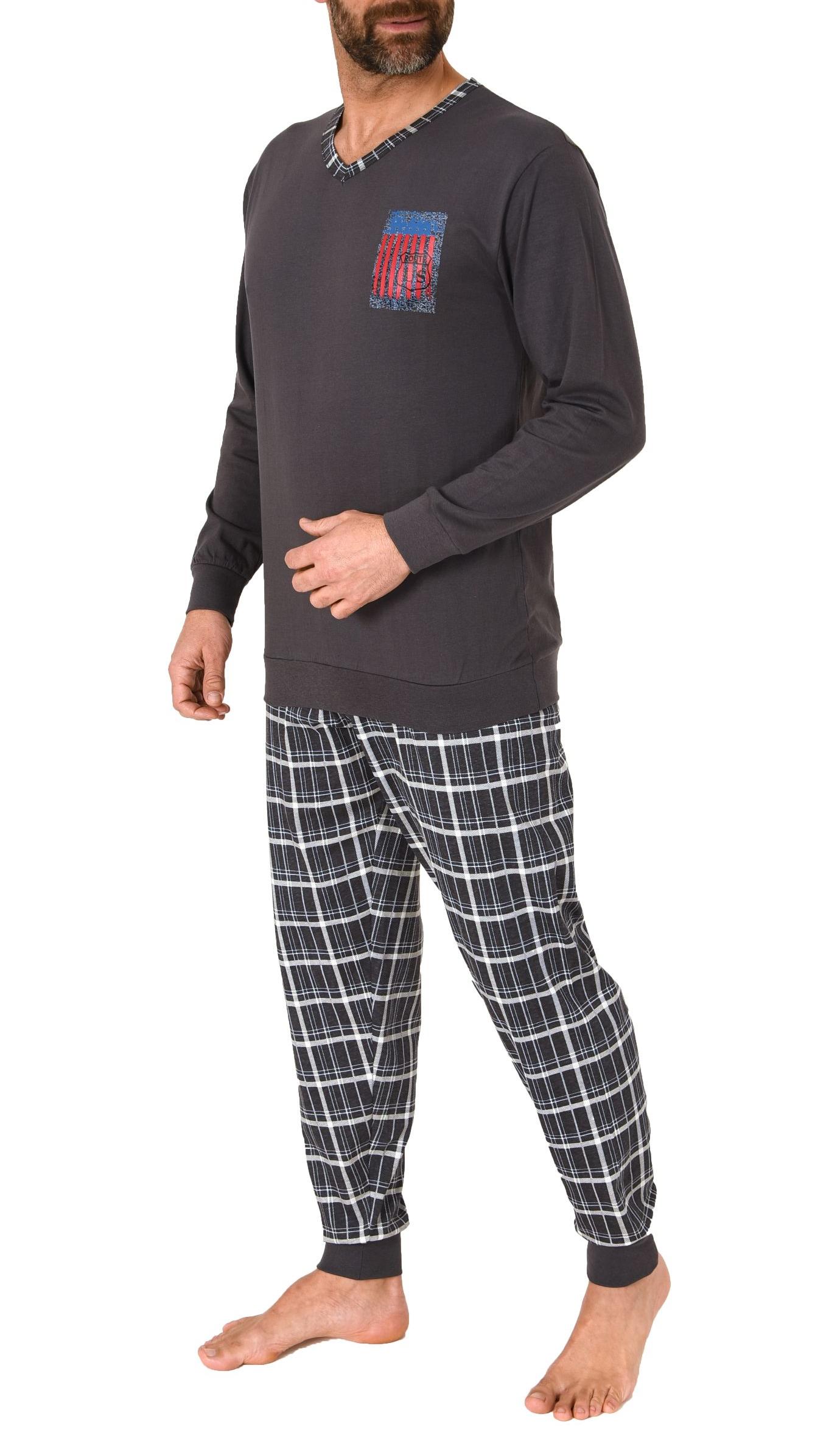 Herren langarm Schlafanzug Pyjama mit Bündchen und karierter Jersey Hose