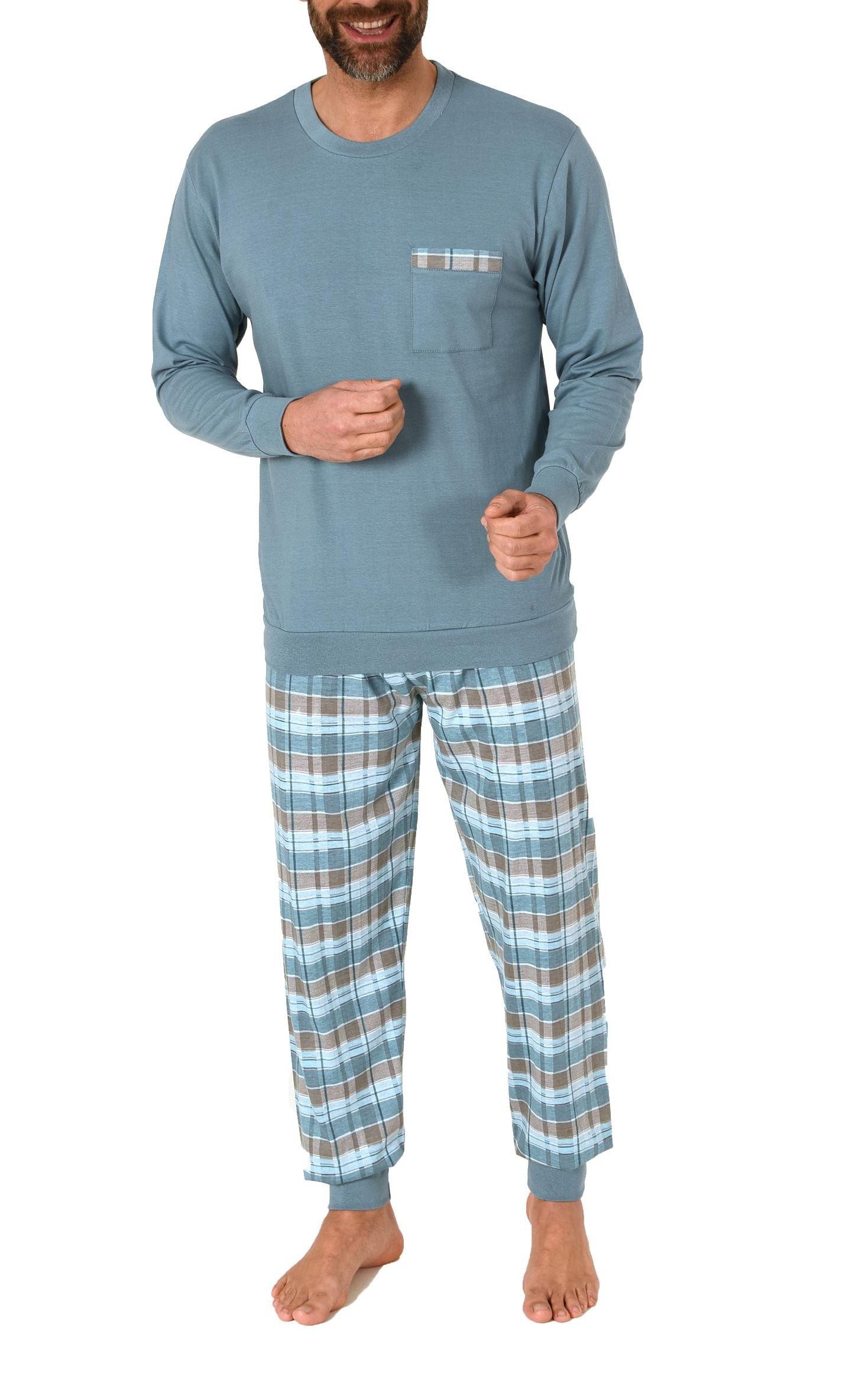 Herren langarm Schlafanzug Pyjama mit Bündchen und karierter Jersey Hose