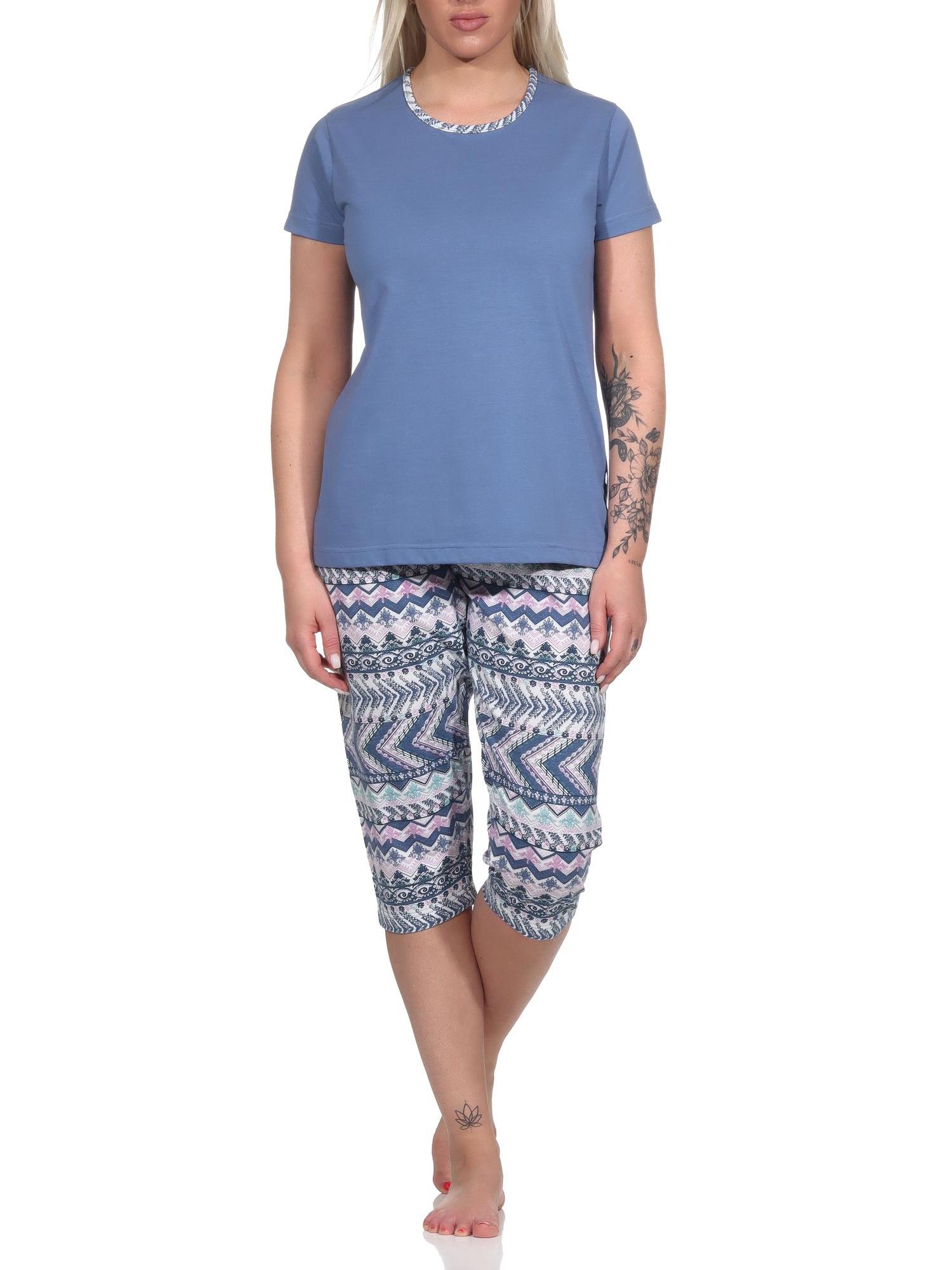 Damen kurzarm Schlafanzug Pyjama mit Caprihose im Ethnolook Damen kurzarm Schlafanzug Pyjama mit Caprihose im Ethnolook