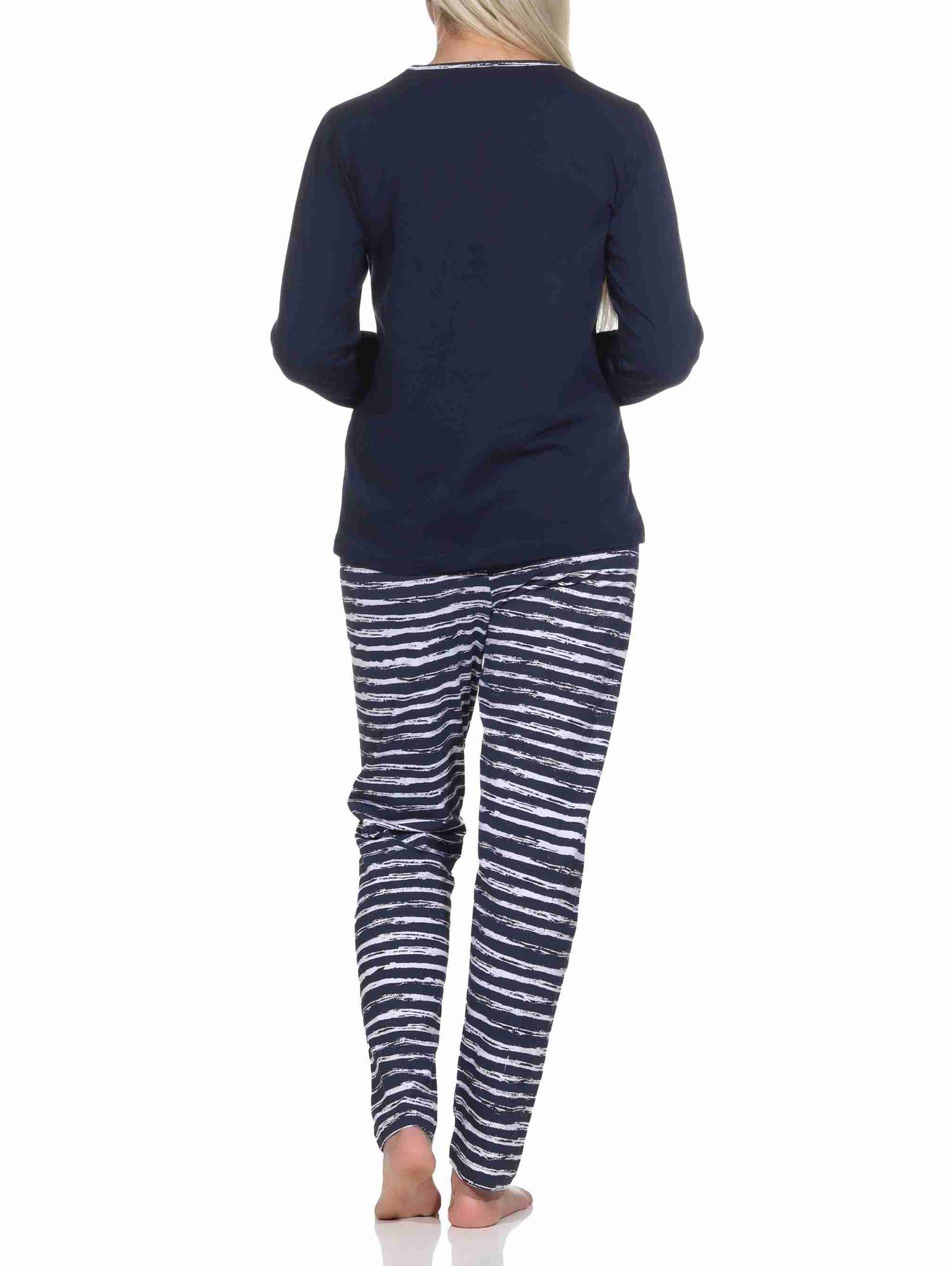 Maritim gestreifter Damen langarm Schlafanzug Pyjama mit Leuchtturm Motiv Maritim gestreifter Damen langarm Schlafanzug Pyjama mit Leuchtturm Motiv