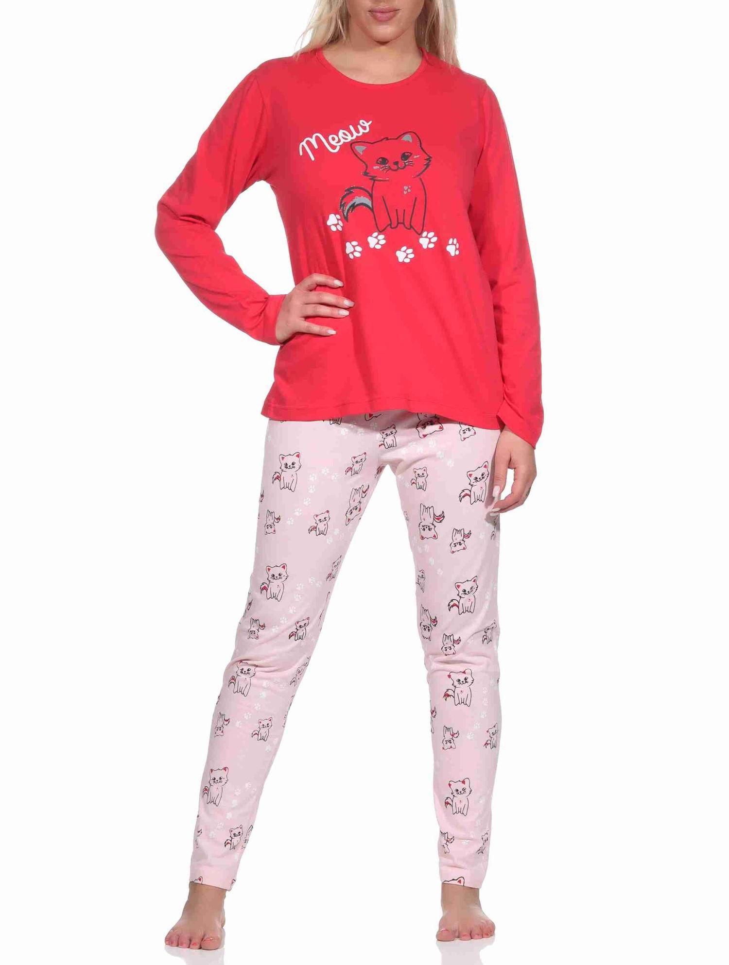 Süsser Damen Schlafanzug lang Pyjama mit Katzen - Motiv