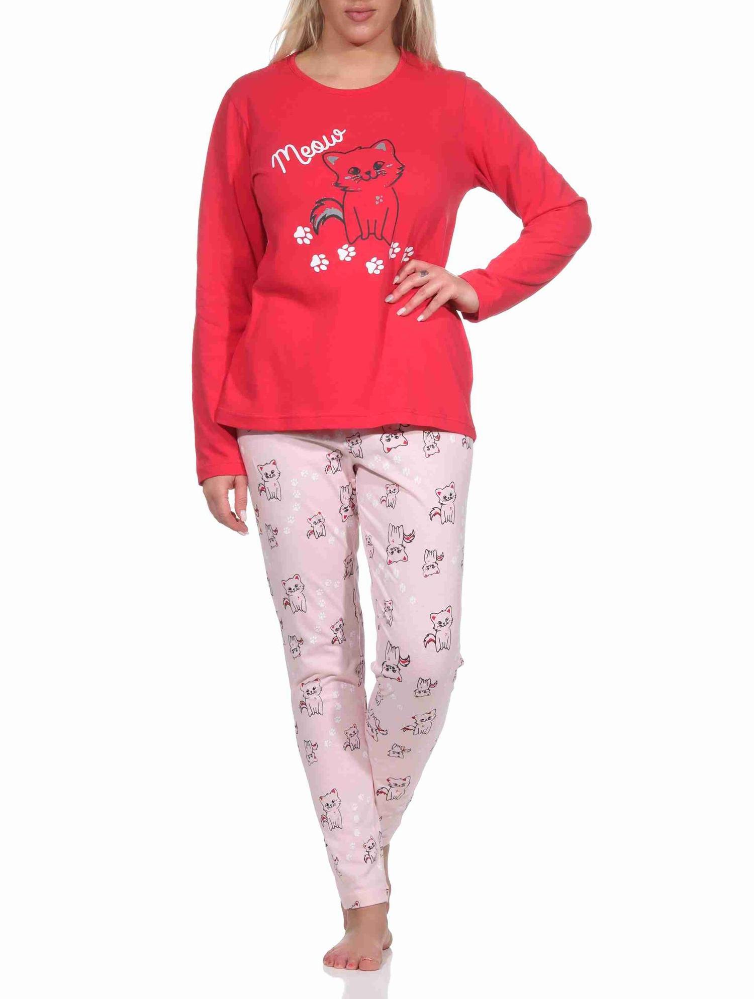 Süsser Damen Schlafanzug lang Pyjama mit Katzen - Motiv