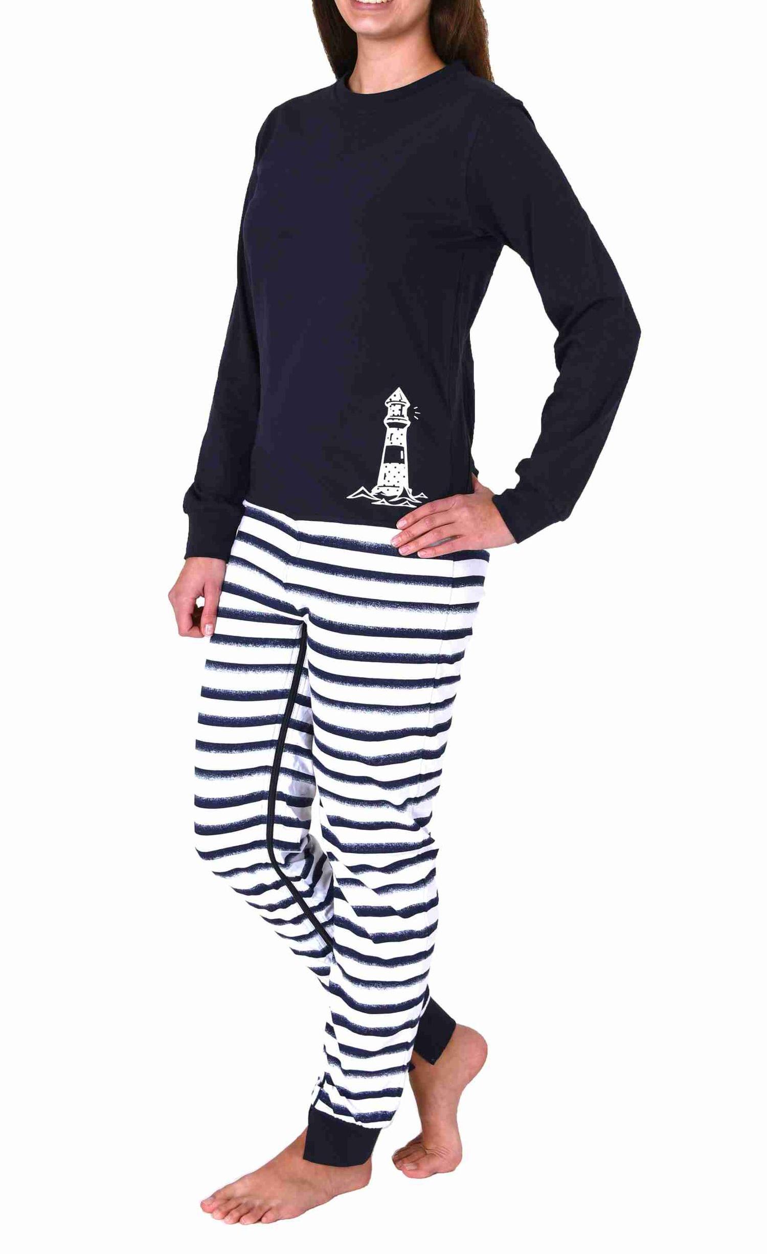 Maritimer Damen Pflegeoverall langarm Schlafanzug mit Reissverschluss am Rücken und Bein