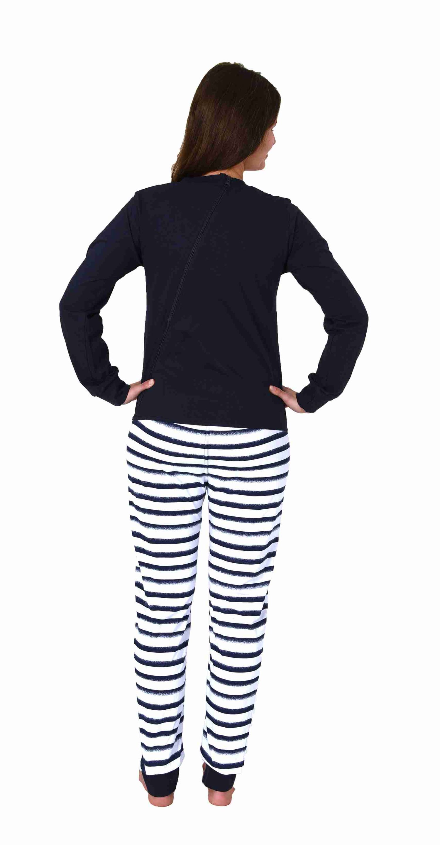 Maritimer Damen Pflegeoverall langarm Schlafanzug mit Reissverschluss am Rücken und Bein