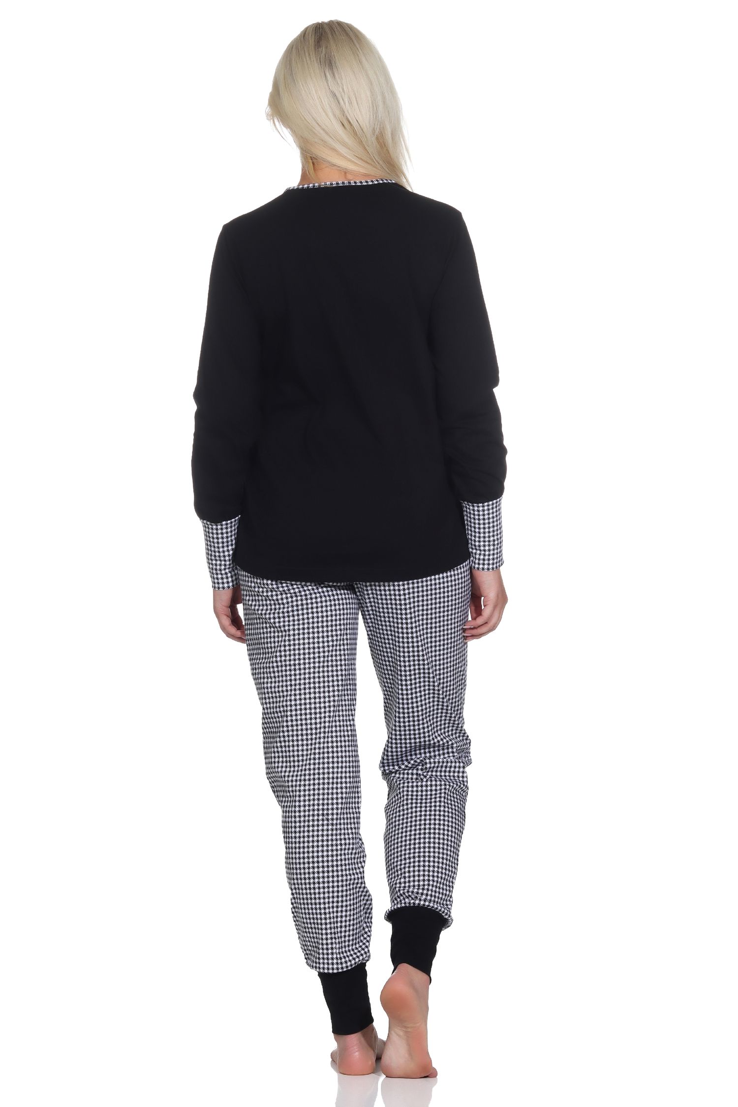 Normann Damen Schlafanzug langarm mit Bündchen, Hose im Pepita-Look, Top mit Frontprint - 123 201 90 100 Normann Damen Schlafanzug langarm mit Bündchen, Hose im Pepita-Look, Top mit Frontprint