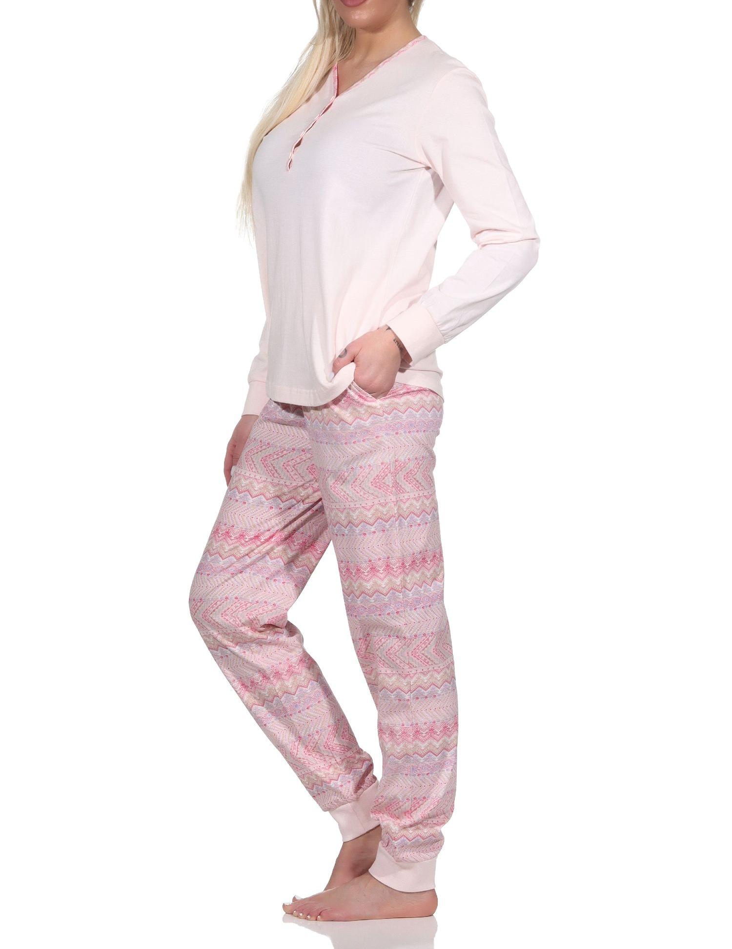 Normann Damen Langarm Schlafanzug Pyjama mit Bündchen im Ethnolook - auch in Übergrössen