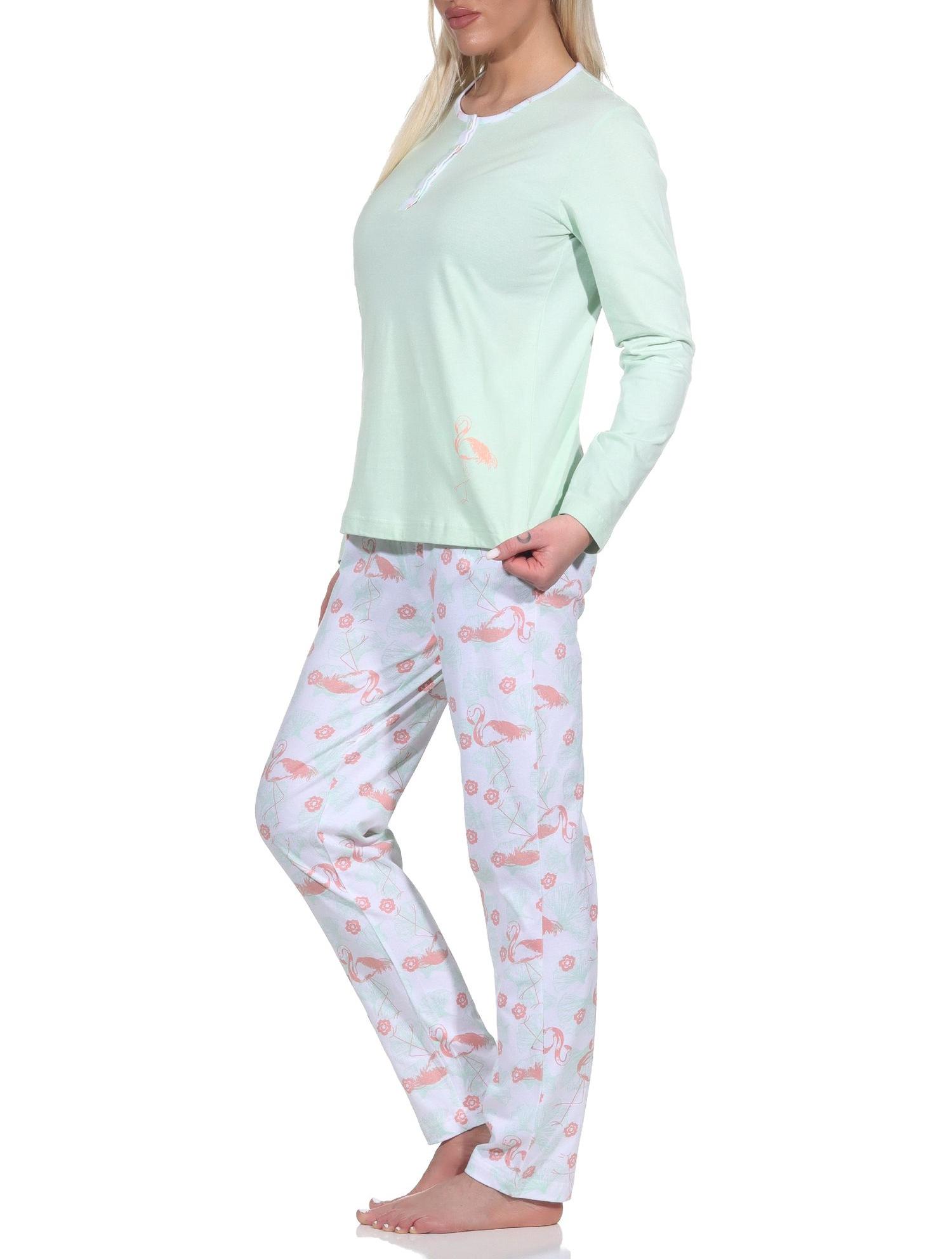 Eleganter Normann Damen Schlafanzug Langarm Pyjama mit Flamingo Motiv und Knopfleiste am Hals - 123 201 90 414 Normann Damen Schlafanzug Langarm Pyjama mit Flamingo Motiv und Knopfleiste am Hals