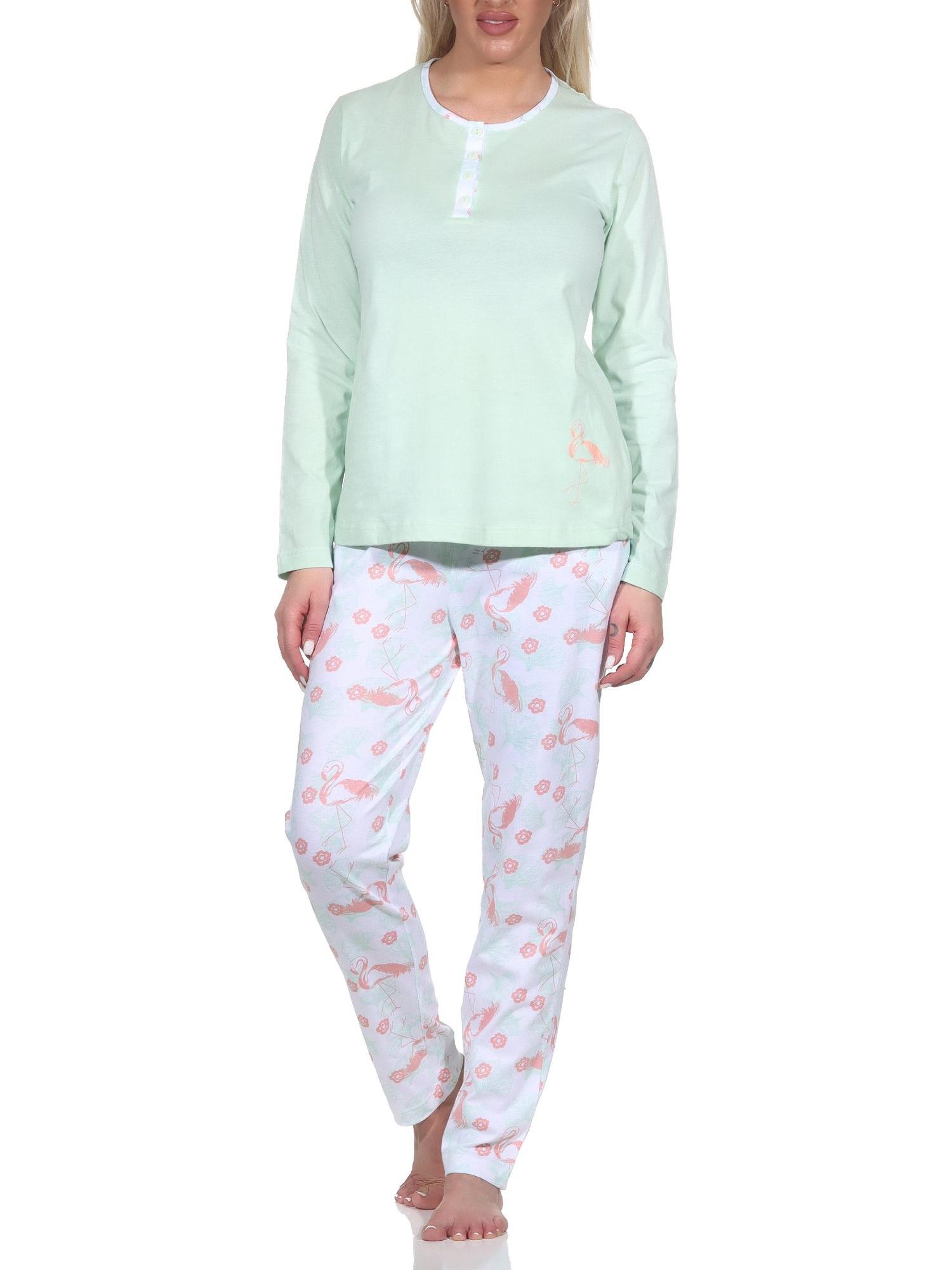 Normann Damen Schlafanzug Langarm Pyjama mit Flamingo Motiv und Knopfleiste am Hals