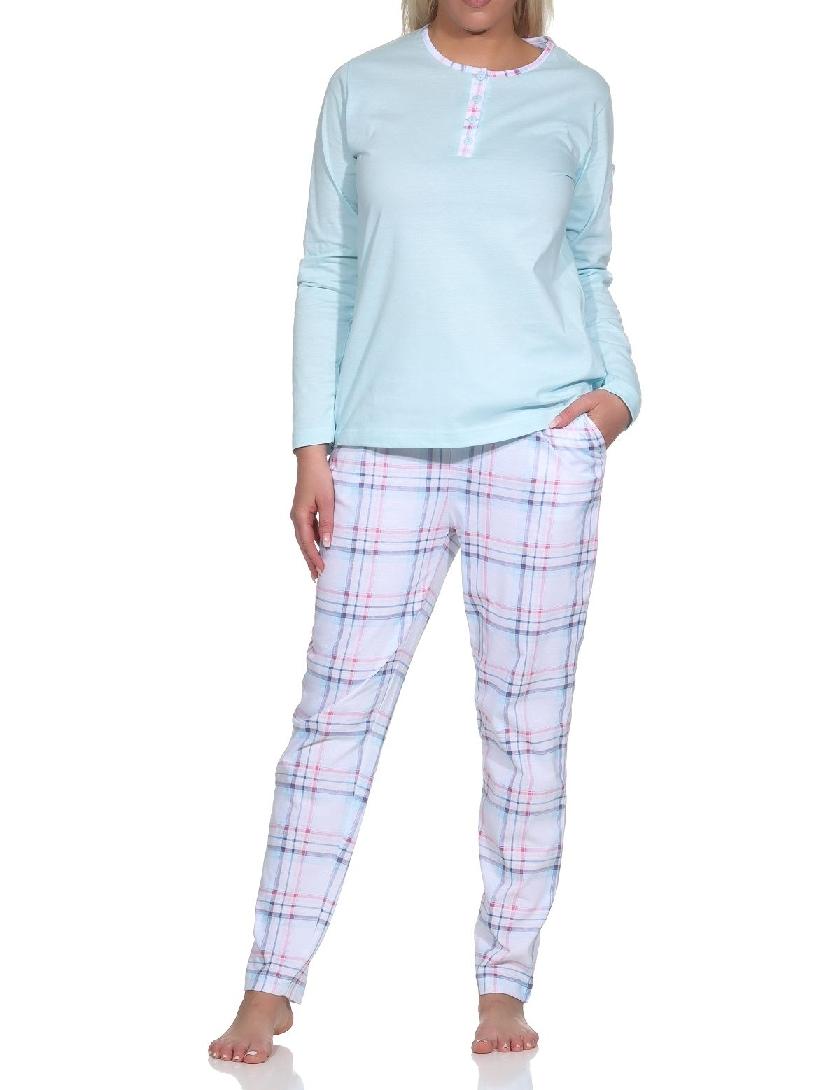Edler Damen Schlafanzug langarm Pyjama mit karierter Hose aus Jersey - auch in Übergrössen Edler Damen Schlafanzug langarm Pyjama mit karierter Hose aus Jersey - auch in Übergrössen