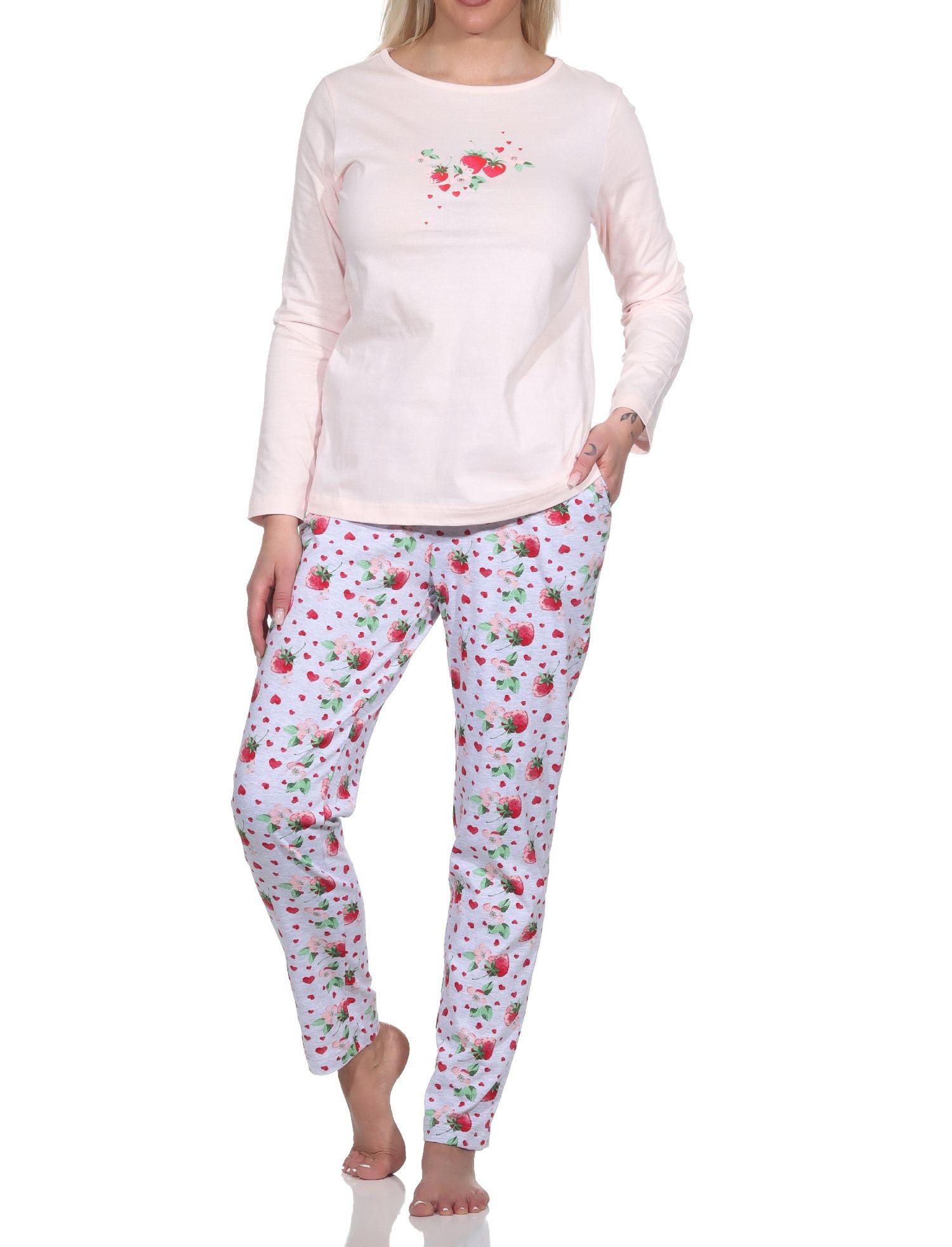 Süsser Normann Damen Schlafanzug langarm Pyjama mit Erdbeeren als Motiv