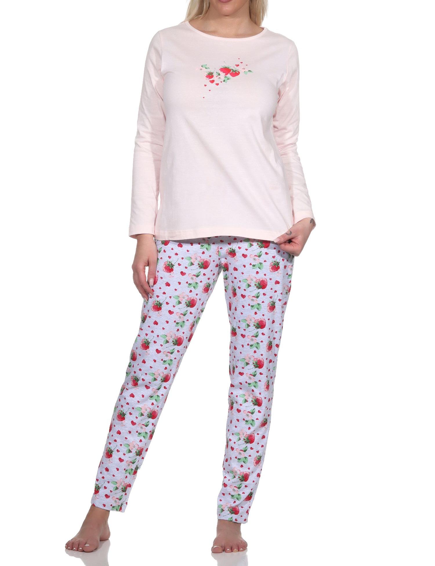 Süsser Normann Damen Schlafanzug langarm Pyjama mit Erdbeeren als Motiv
