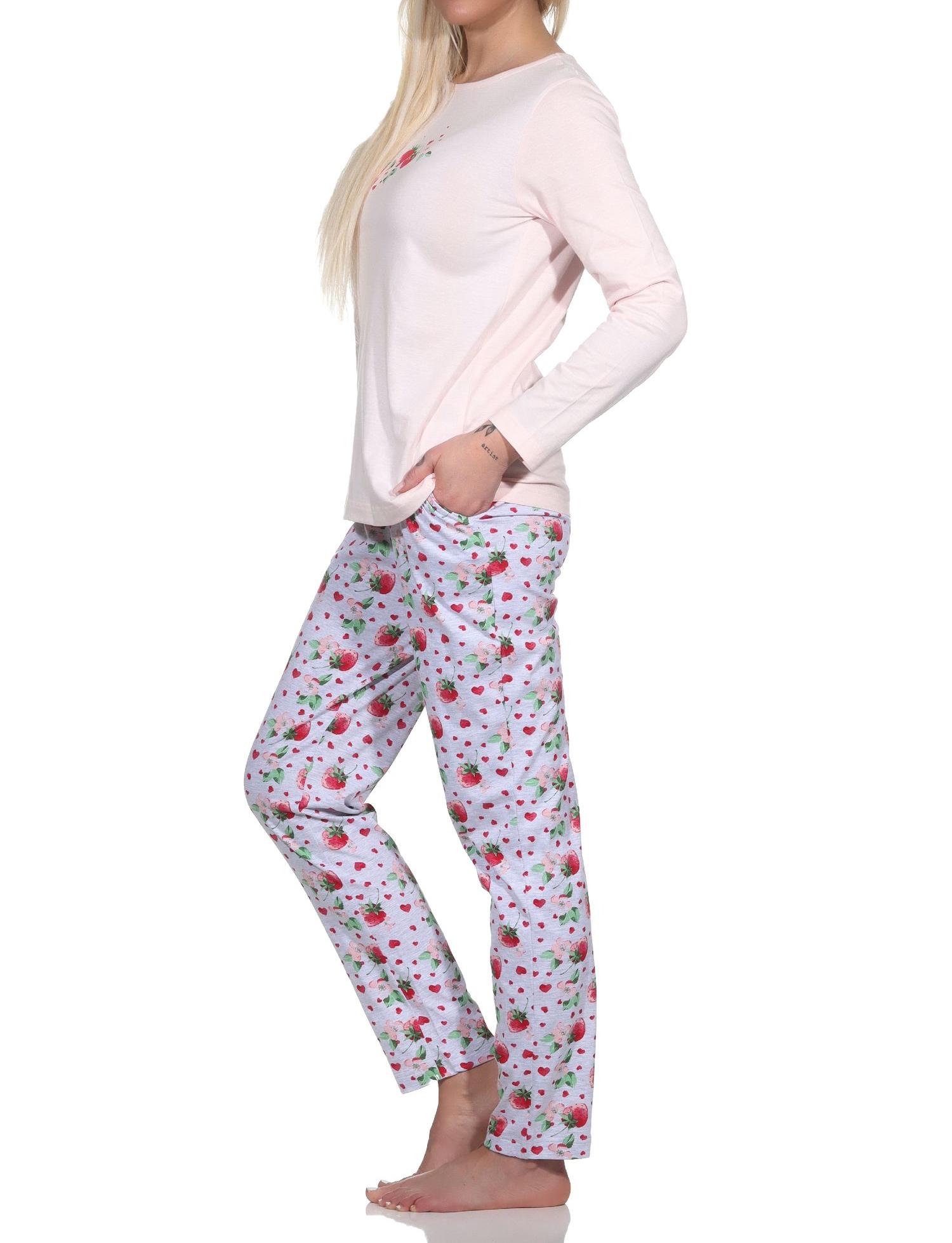 Süsser Normann Damen Schlafanzug langarm Pyjama mit Erdbeeren als Motiv