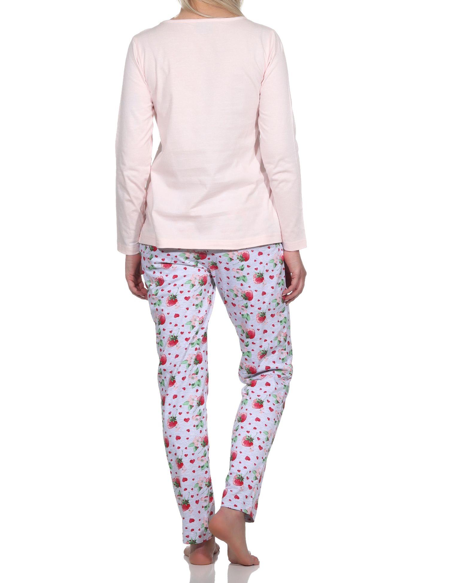 Süsser Normann Damen Schlafanzug langarm Pyjama mit Erdbeeren als Motiv