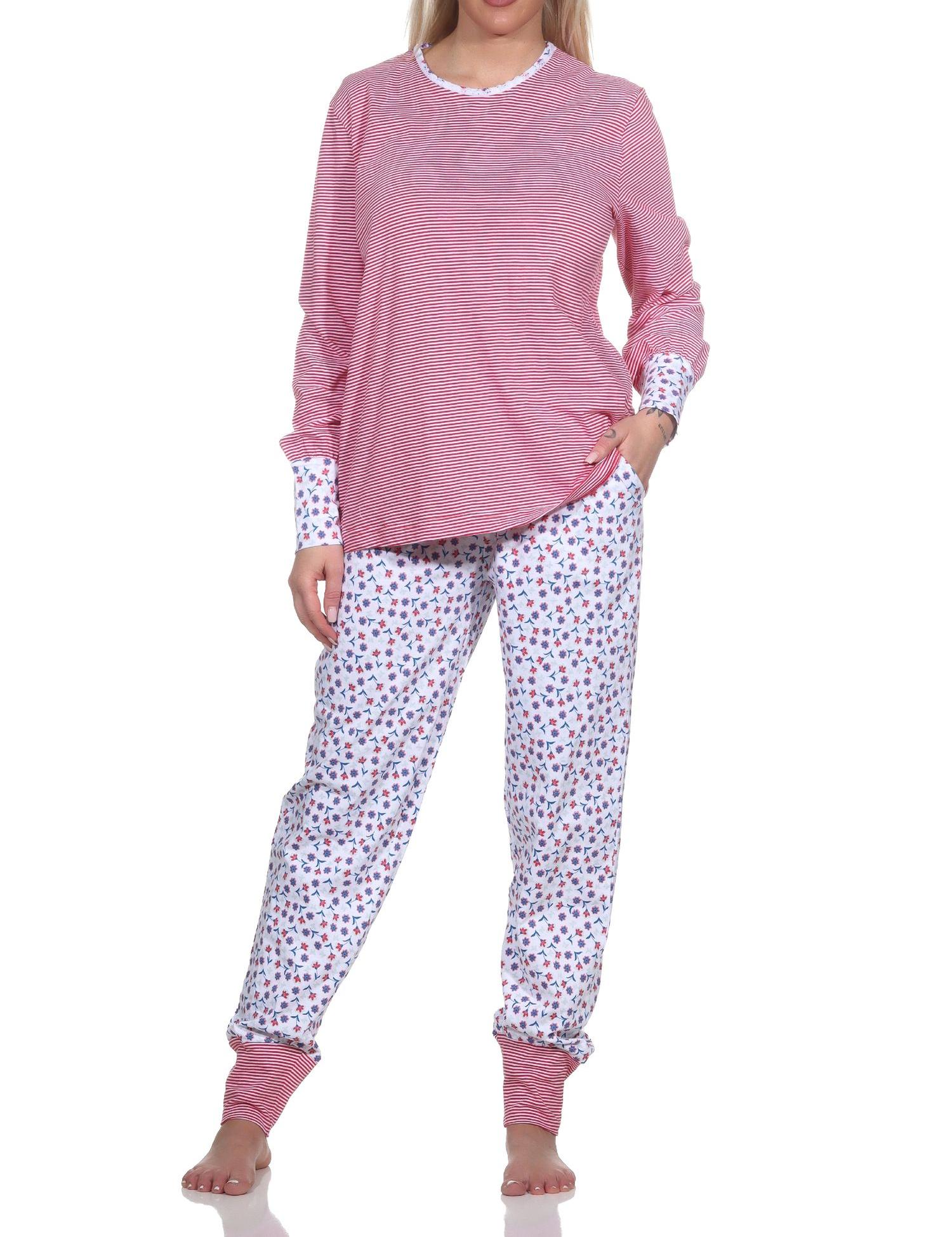 Normann Damen Schlafanzug Langarm mit Bündchen, Oberteil gestreift, Hose floral bedruckt Normann Damen Schlafanzug Langarm mit Bündchen, Oberteil gestreift, Hose floral bedruckt