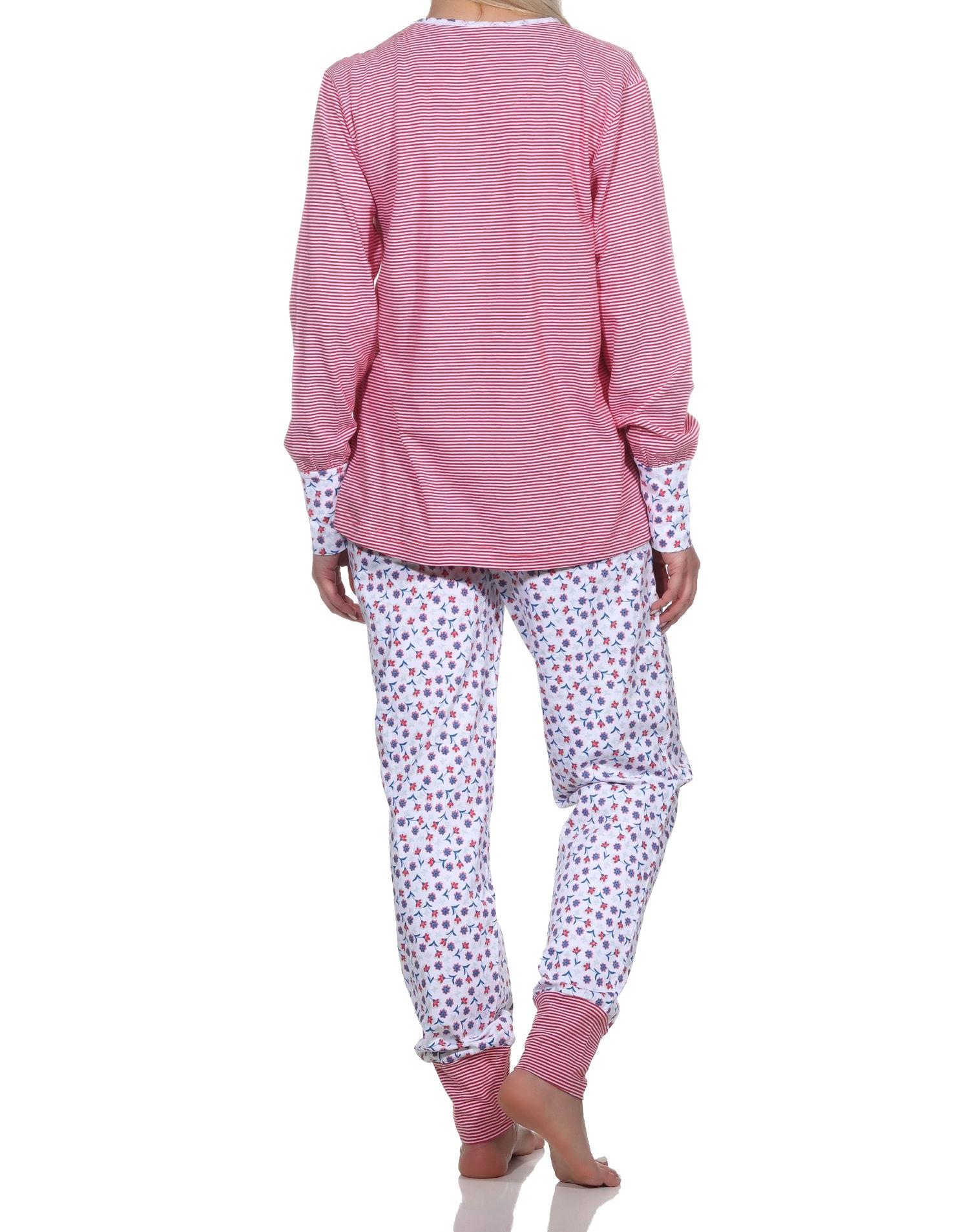 Normann Damen Schlafanzug Langarm mit Bündchen, Oberteil gestreift, Hose floral bedruckt - 123 201 90 836 Normann Damen Schlafanzug Langarm mit Bündchen, Oberteil gestreift, Hose floral bedruckt