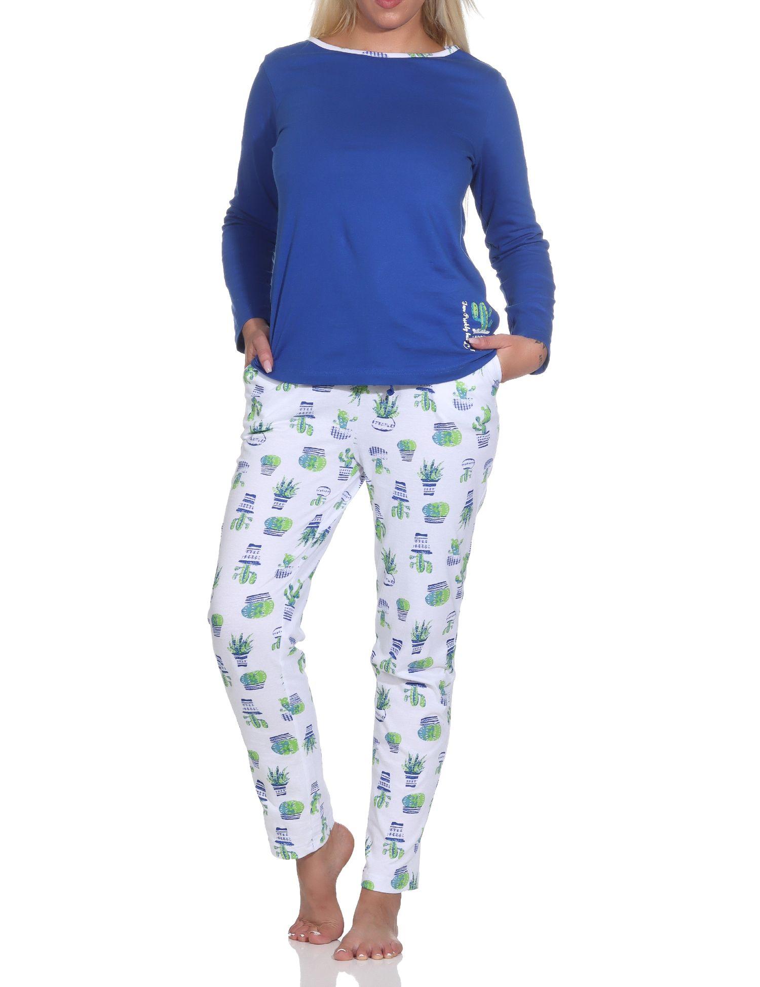 Normann Damen Schlafanzug Lang, Oberteil uni mit Motivprint, Hose allover bedruckt - 123 201 90 851 Normann Damen Schlafanzug Lang, Oberteil uni mit Kaktus als Motiv, Hose allover bedruckt