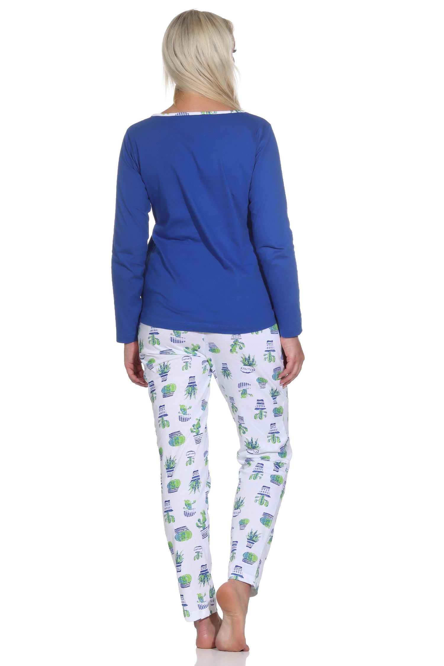 Normann Damen Schlafanzug Lang, Oberteil uni mit Motivprint, Hose allover bedruckt - 123 201 90 851 Normann Damen Schlafanzug Lang, Oberteil uni mit Kaktus als Motiv, Hose allover bedruckt