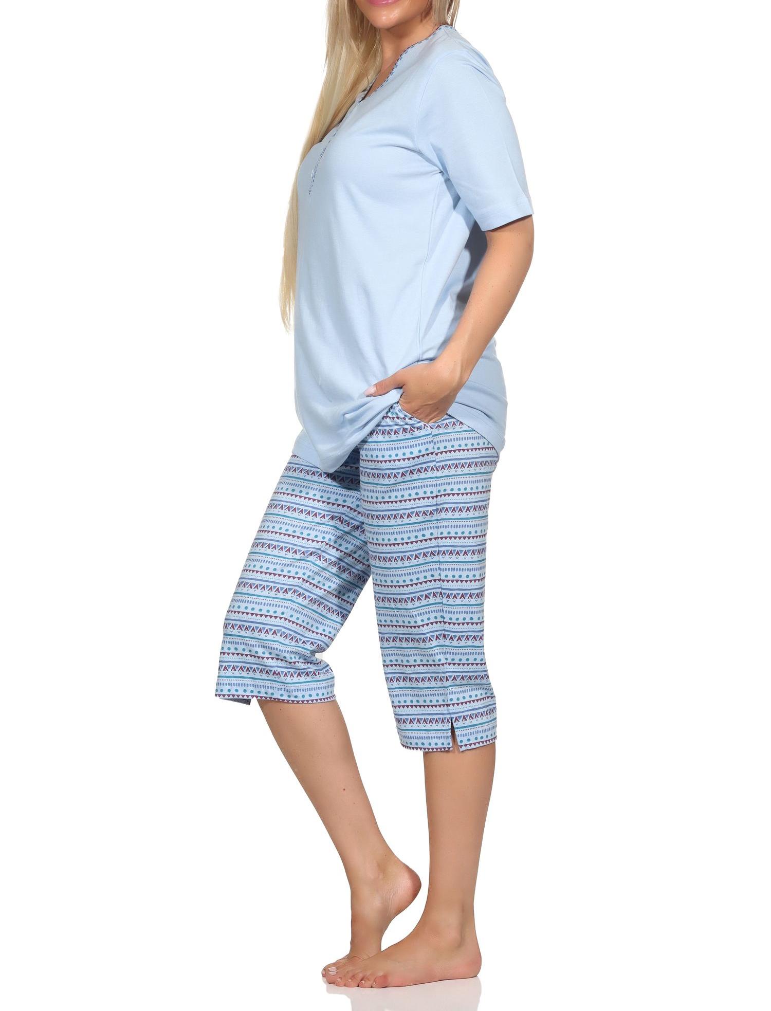 Normann Damen kurzarm Capri Schlafanzug Pyjama im Ethnolook - auch in Übergrössen