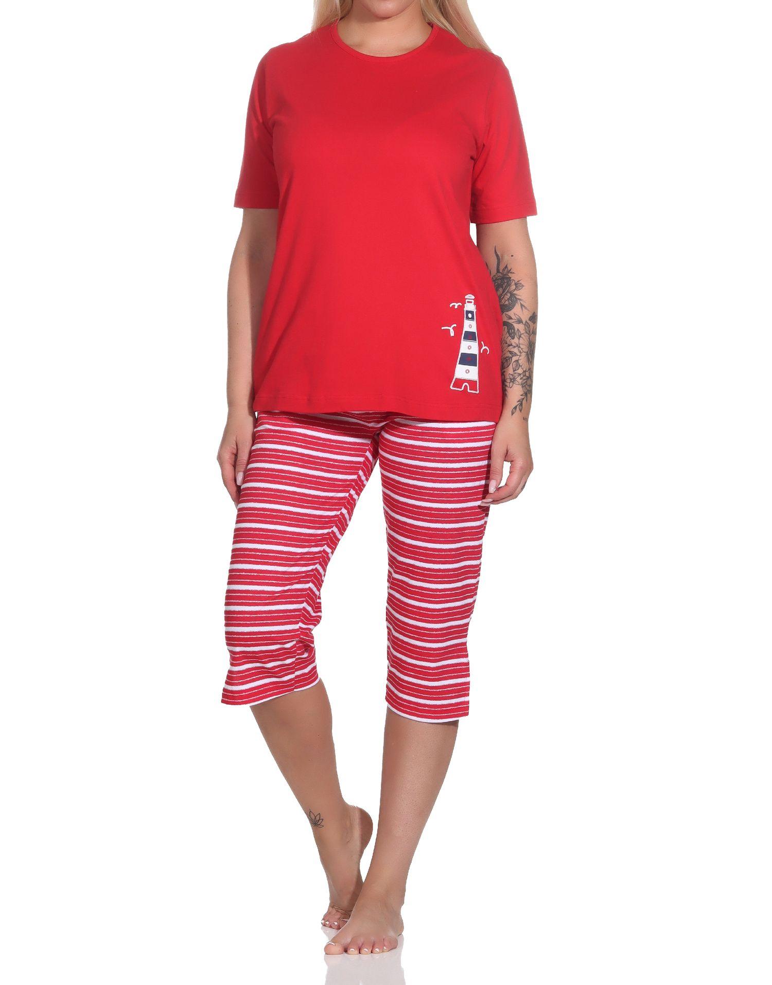 Maritimer Damen kurzarm Capri Schlafanzug mit Leuchtturm als Motiv - auch in Übergrössen